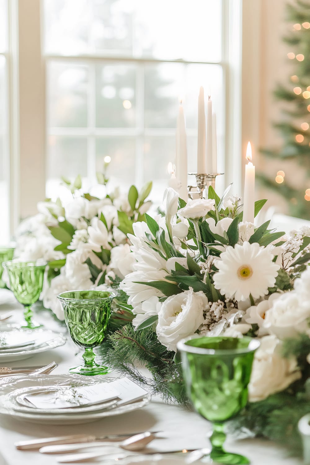 A festive Christmas dinner table decorated with a centerpiece of white flowers and lush greenery. The table is set with white porcelain plates, green glassware, and silver flatware. White candles in elegant holders are lit, adding warmth to the scene, which is bathed in natural light from large windows in the background.