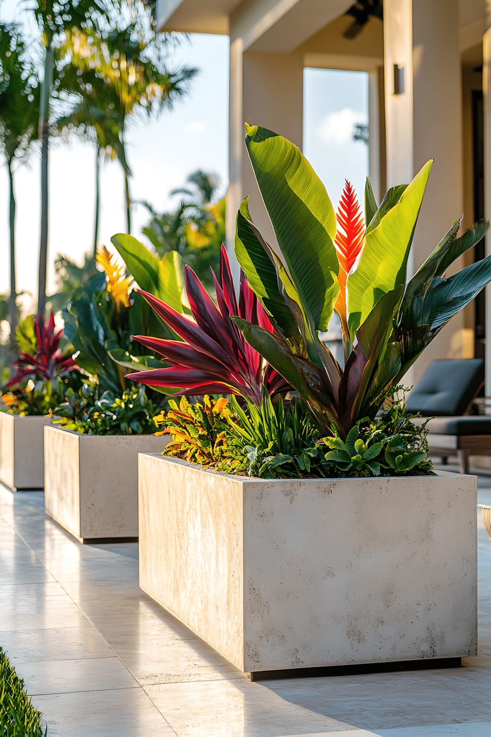 A vibrant outdoor garden scene in a modern setting, featuring smooth, polished stone planters filled with lush tropical plants including Bird of Paradise, Monstera deliciosa, and Bromeliads. The planters are situated on a sleek stone patio with minimalist outdoor seating and decorative metal sculptures. The bright sunlight casts striking shadows across the scene and highlights the textures of the stone and plants.