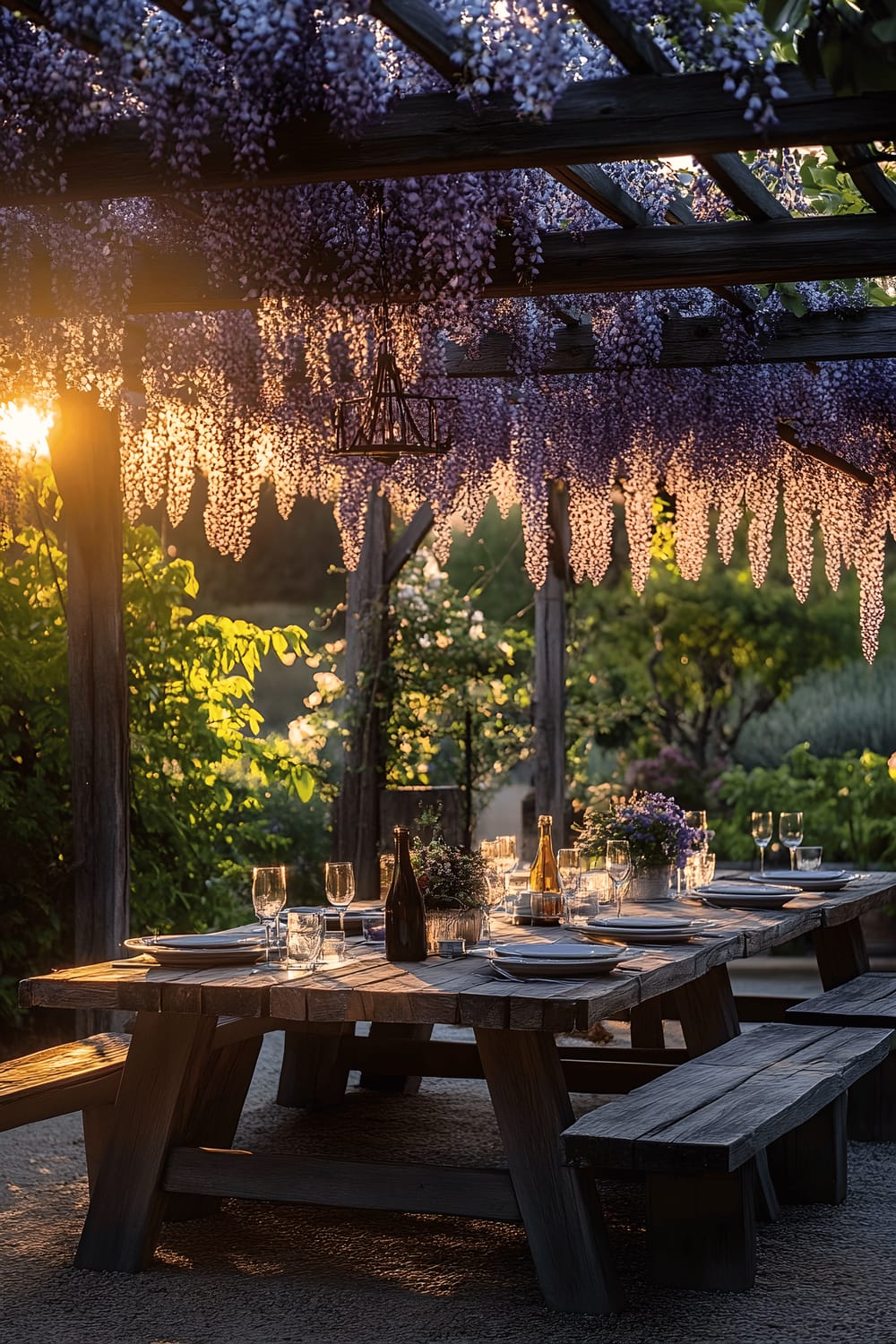 A romantic backyard setting featuring a wooden pergola embracing with cascading purple wisteria. Underneath it is a rustic wooden dining table adorned with an alfresco meal setup, catching the soft golden-hour lighting.