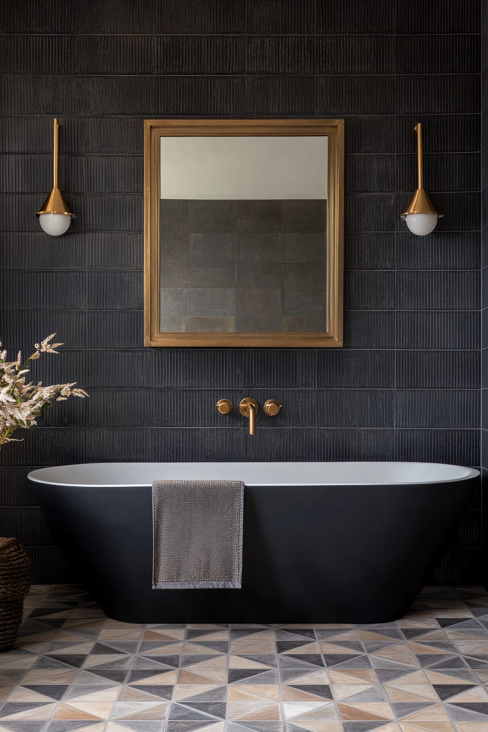 Luxurious bathroom with a matte black bathtub, dark textured tiles on the walls, and geometric patterned floor tiles. The bathtub has a soft gray towel draped over the side. Above it hangs a rectangular mirror with a gold frame, flanked by sleek, gold sconce lights. On the left side, there is a woven basket with a plant inside.