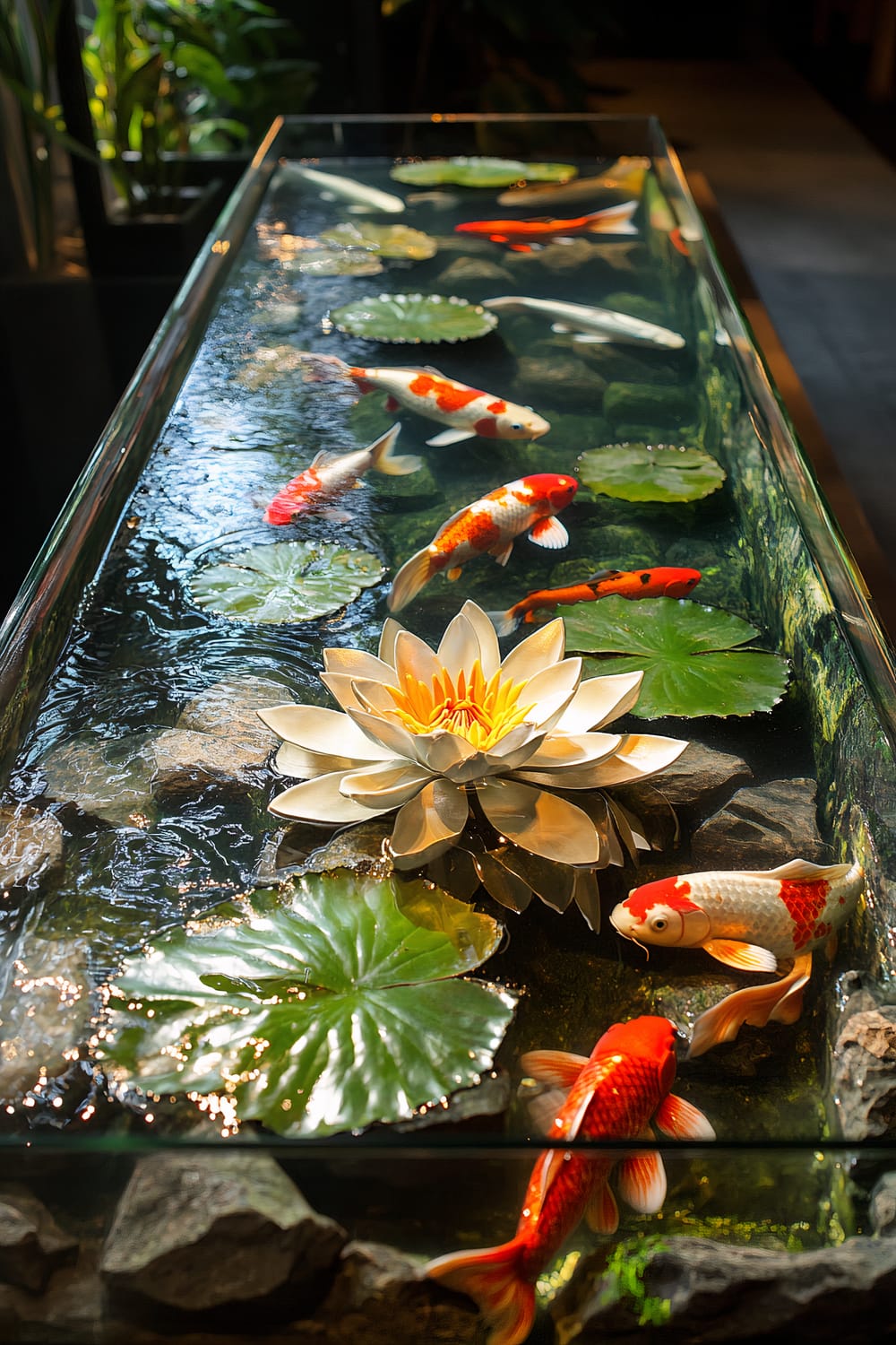 A fish tank is designed to resemble a traditional koi pond. It features a central water lily ornament and floating plants, with colorful koi fish swimming around. Natural sunlight creates reflections and highlights on the water's surface.