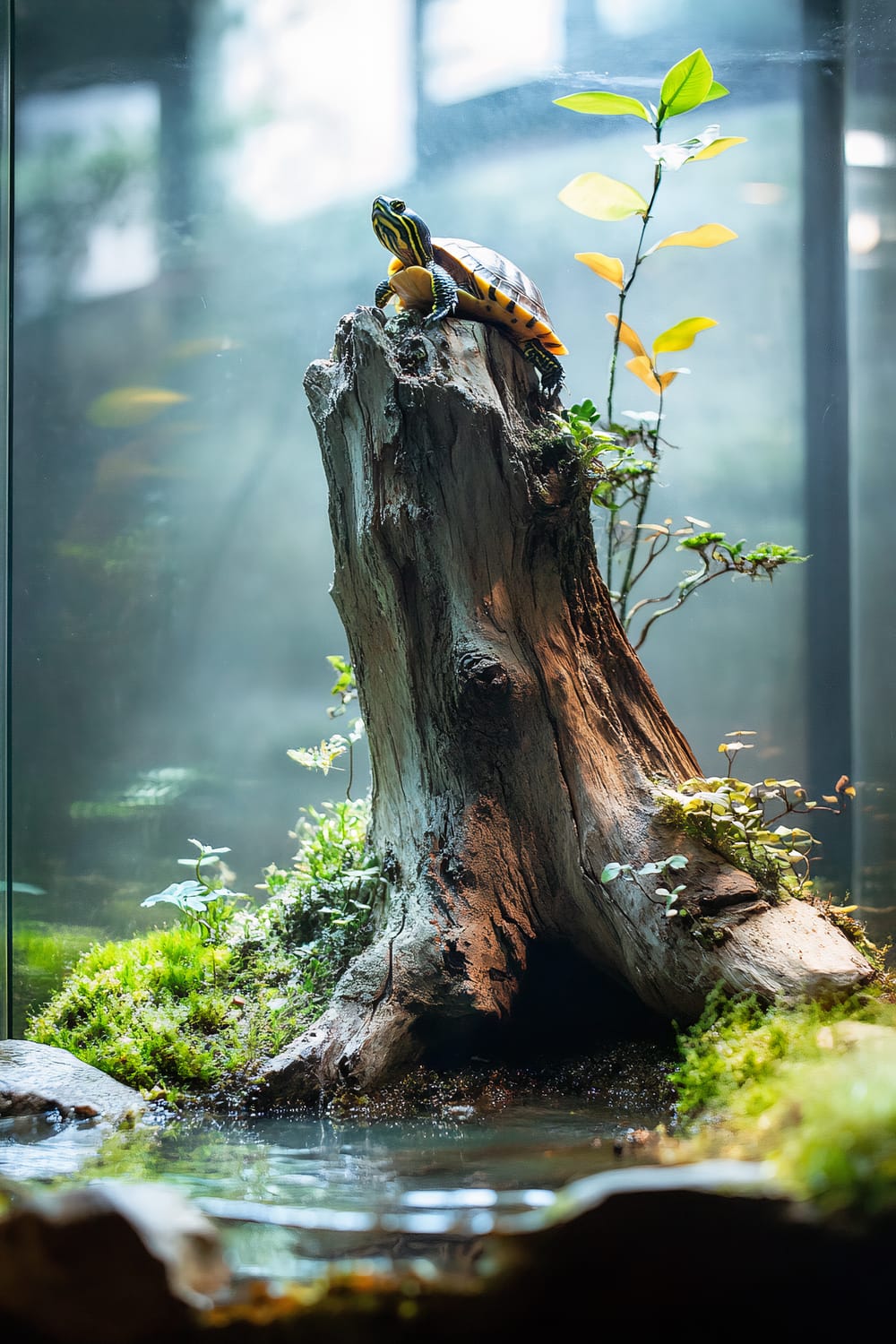 A turtle positioned on top of a tall piece of driftwood inside a glass terrarium. The bottom of the terrarium is filled with green moss, small plants, and a shallow pool of water. A few larger rocks are also present among the greenery and driftwood. The background of the terrarium is blurred, showcasing a calm and serene scene.