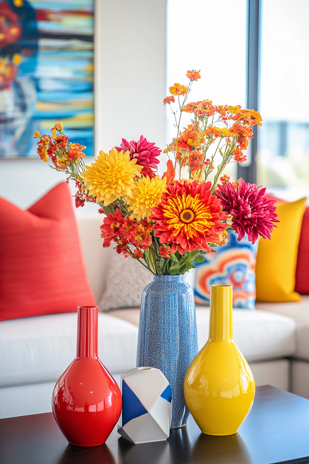 A pop art-inspired coffee table decorated for Thanksgiving with a vibrant centerpiece. The table features bright red, yellow, and blue ceramic vases filled with abstract floral arrangements. Surrounding the centerpiece are geometric candle holders and a modern sculpture. The background includes a sleek white sofa adorned with colorful cushions in red, yellow, and orange, set against a backdrop of ample natural light streaming through large windows.