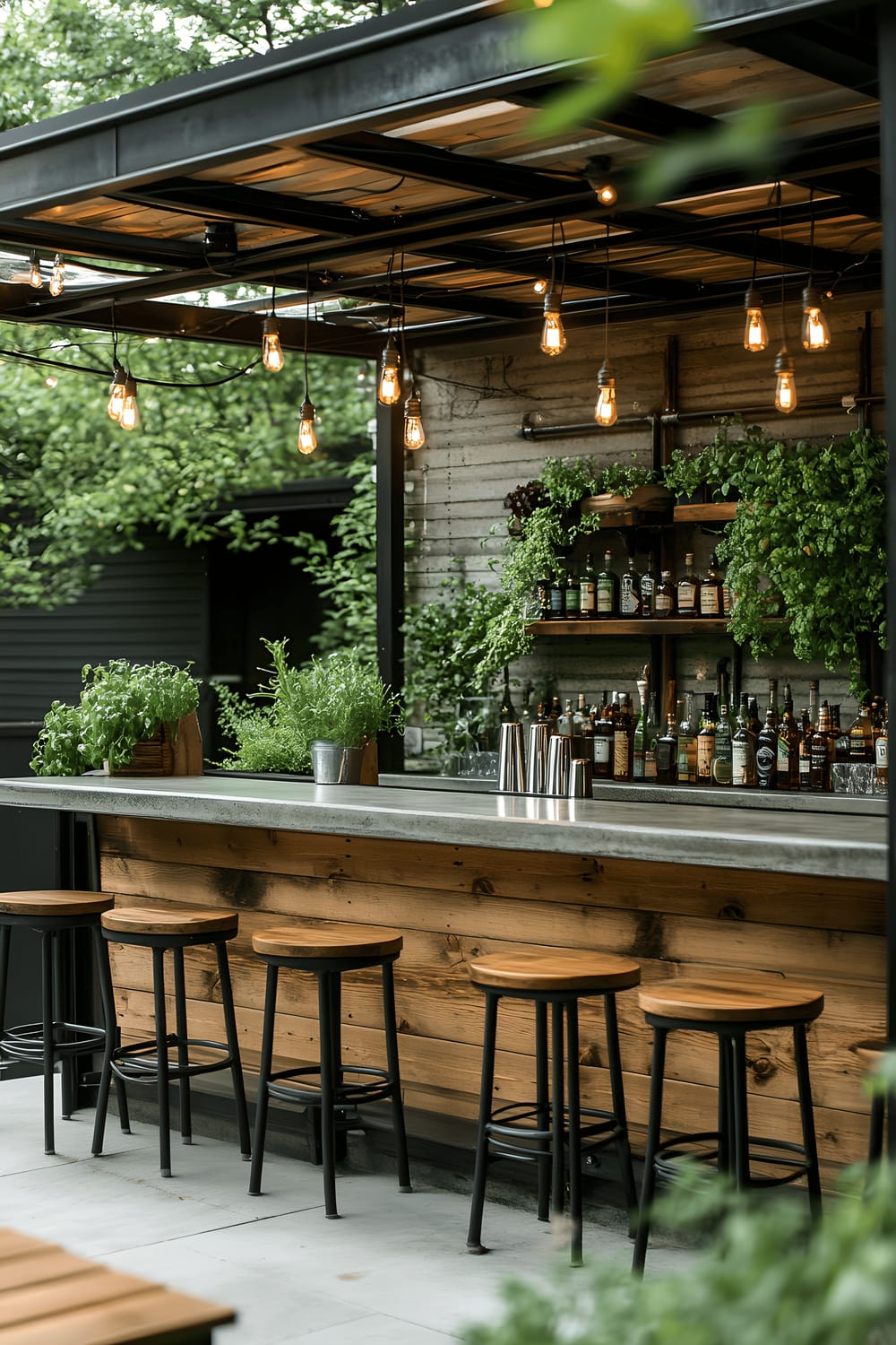 A rustic back patio featuring a steel-framed bar counter topped with polished concrete. In front of the bar, there are several bar stools, made of wood and black metal, aligned neatly. Behind the bar, a vertical planter with various herbs, such as basil, thyme and rosemary, serves as a natural backdrop. The patio is lit up with a string of glowing Edison bulbs, adding a warm, industrial touch to the outdoor space.