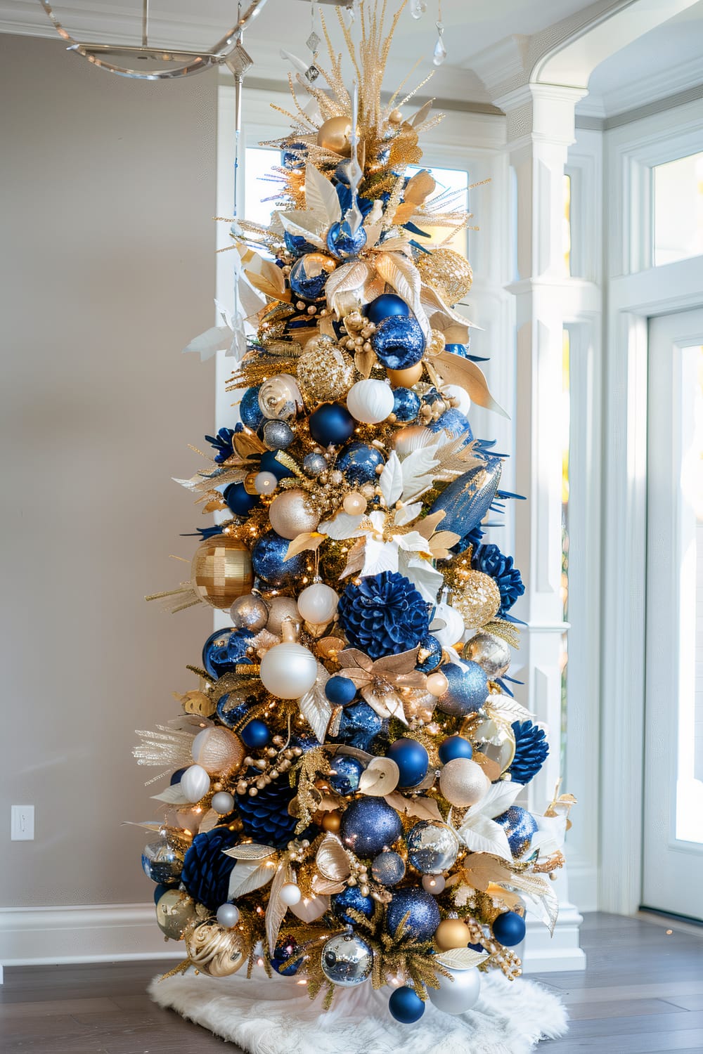 This image features an elaborately decorated Christmas tree adorned with an opulent array of decorations. The tree is embellished with blue, gold, and white ornaments, including baubles, flowers, and leaves. The decor reflects a luxurious and festive aesthetic with a blend of sparkly and satin finishes. The tree stands on a white, fluffy tree skirt, and the background features large windows, allowing natural light to enter the room.