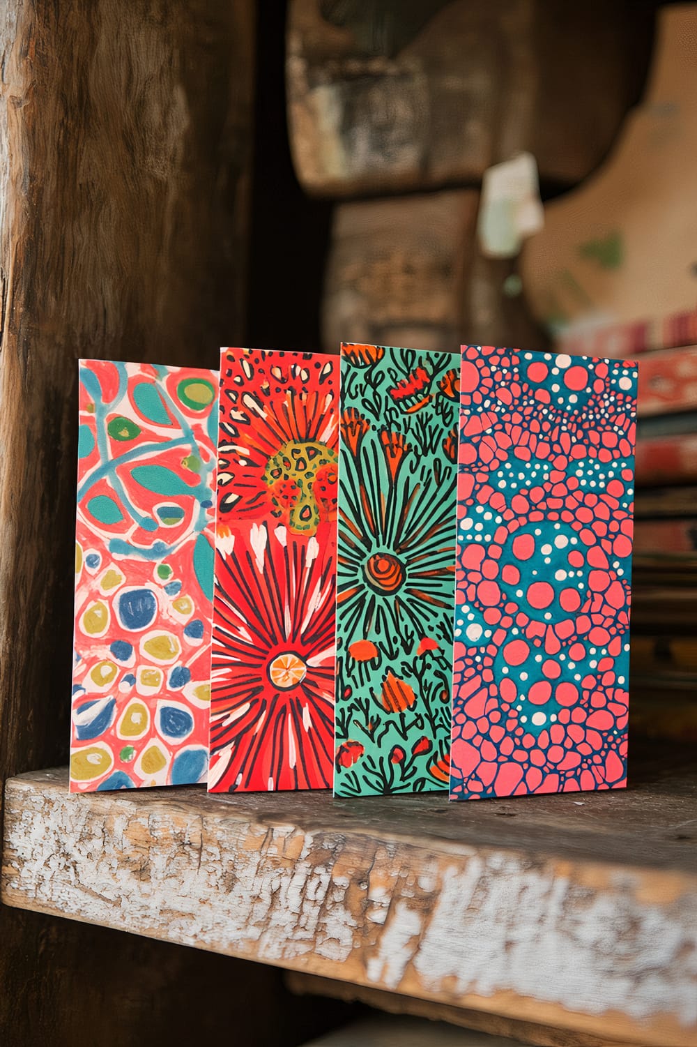 Four hand-drawn Christmas cards with unique patterns are neatly displayed on a rustic, reclaimed wood shelf. The cards are vibrant and colorful, featuring designs with various motifs and bright shades of red, green, blue, and pink. Natural daylight from an unseen source enhances the visibility and detail of the artwork on each card.