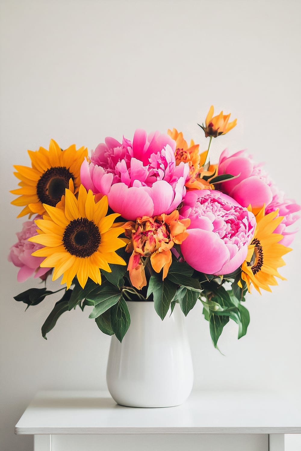 A white vase filled with a bouquet featuring bright yellow sunflowers and vibrant pink peonies, complemented by a few smaller orange and pink flowers. The arrangement sits against a plain white background on a white surface.