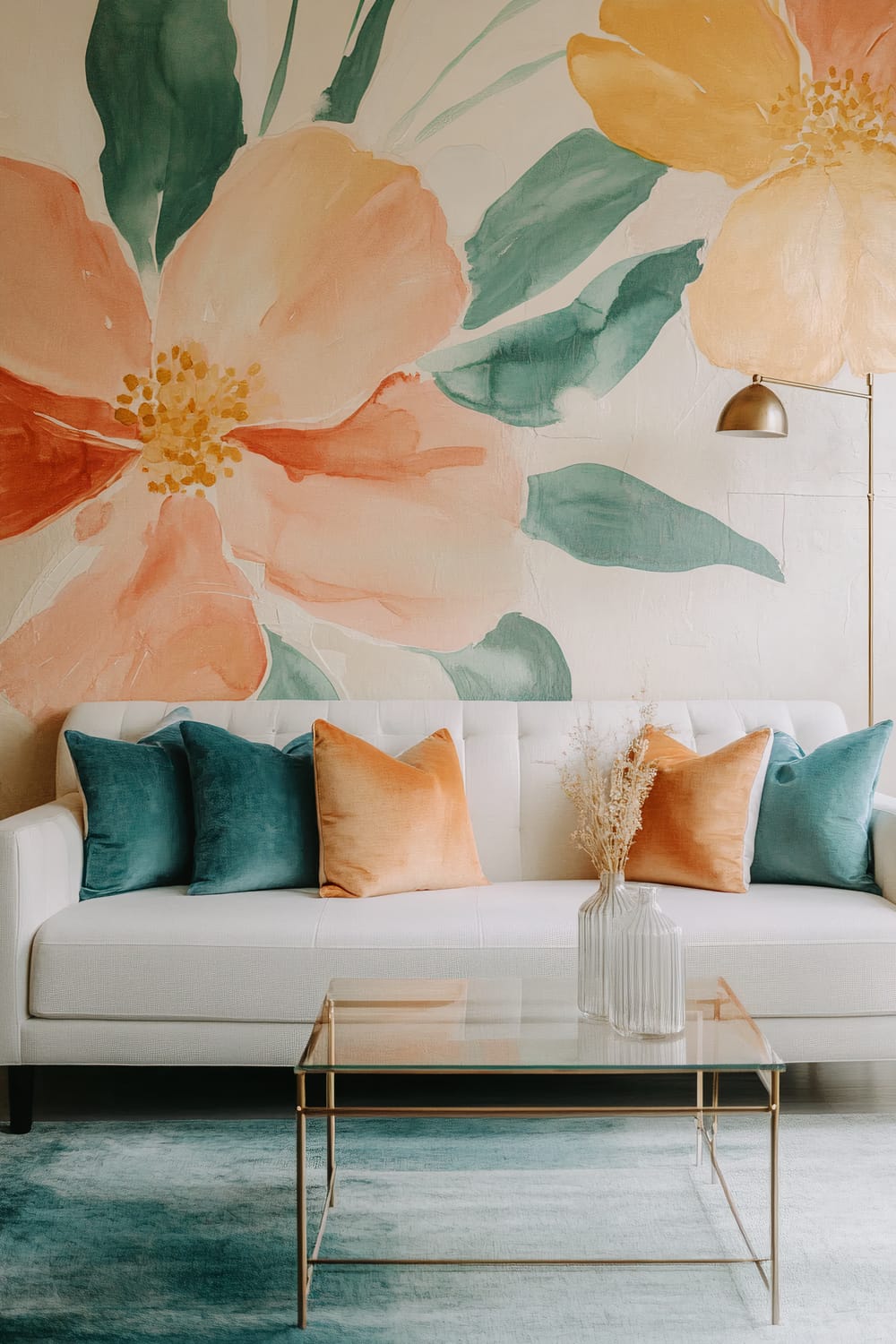 A chic living room featuring a large hand-painted mural with abstract floral designs in bold shades of teal, gold, and coral. A modern white sofa with colorful throw pillows in teal and orange sits central, facing the mural. A minimalist glass coffee table with a single decorative vase holding dried flowers is placed in front of the sofa. Soft ambient lighting from a stylish floor lamp illuminates the mural, creating a striking focal point.