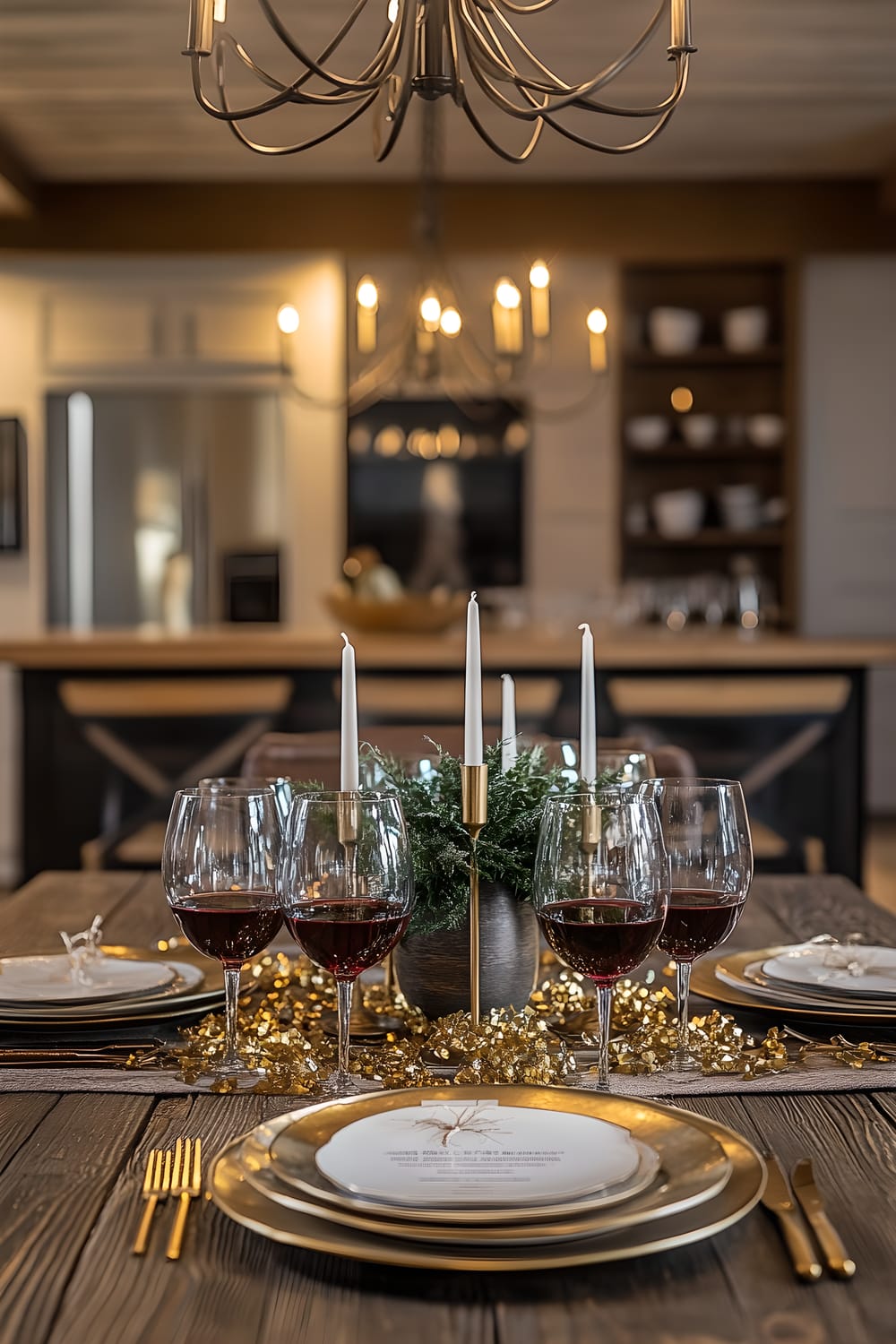 A rustic dining room in a country home, lit by the warm glow of a chandelier. The wooden table is set for a New Year's Eve dinner with six place settings, each comprising a gold-rimmed plate, silver flatware, and a crystal wine glass filled with red wine. The table is decorated with a centerpiece of three white candles in gold holders and gold confetti spread on the table.