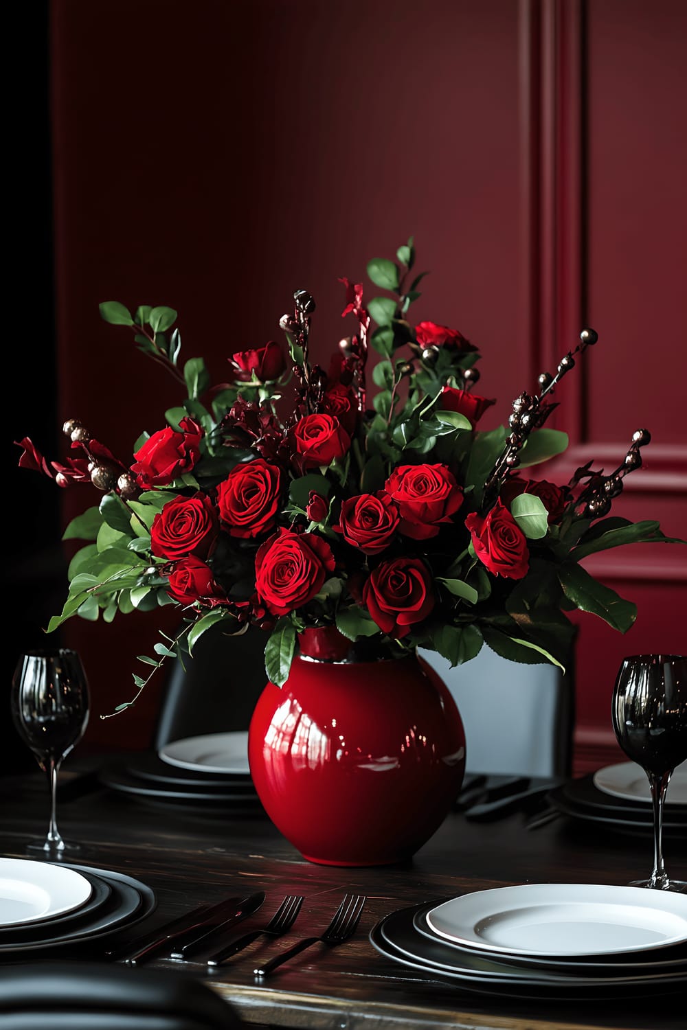 A luxurious dining room scene featuring a reclaimed wood table with a sophisticated centerpiece on it. The centerpiece is an oxblood red ceramic vase in a pewter metal frame, filled with deep red roses and metallic greenery. The table is set with minimalistic black cutlery and white plates. The dark table sits contrastingly against a rich, burgundy wall which is illumined by soft, directional lighting.