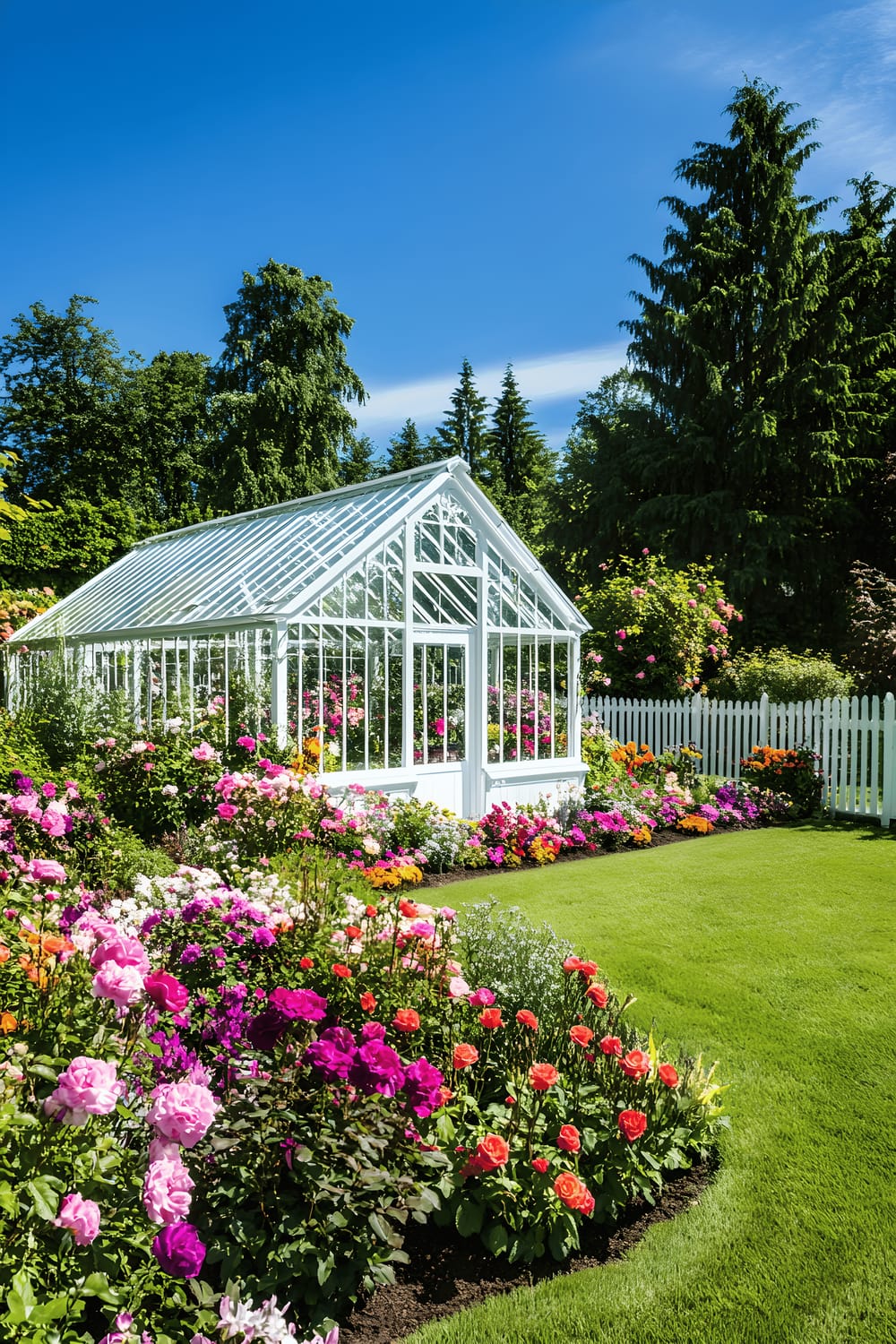 A captivating backyard garden boasting a quaint white greenhouse with a transparent glass roof, nestled among an array of sprightly blooms in pink, purple, and red. Climbing roses adorn the greenhouse, adding to its charm. Beautifully maintained green grass encompasses the scene, met at the edges by a white picket fence and diverse foliage, thus intensifying the garden's allure. The gleaming sunlight and clear blue sky contribute to the garden's vibrant and welcoming atmosphere.