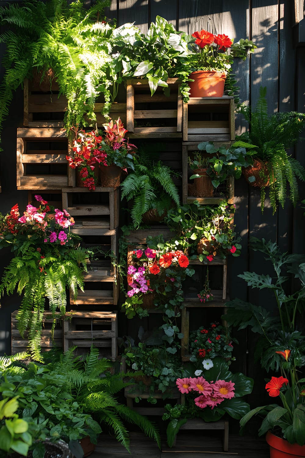 A vertical garden set up in the corner of a bright room, the thick, lush greenery overflows from a series of stacked wooden crates. The sun filters in through the leaves, casting dappled shadows on the verdant ferns, ivy, and colorful flowers.