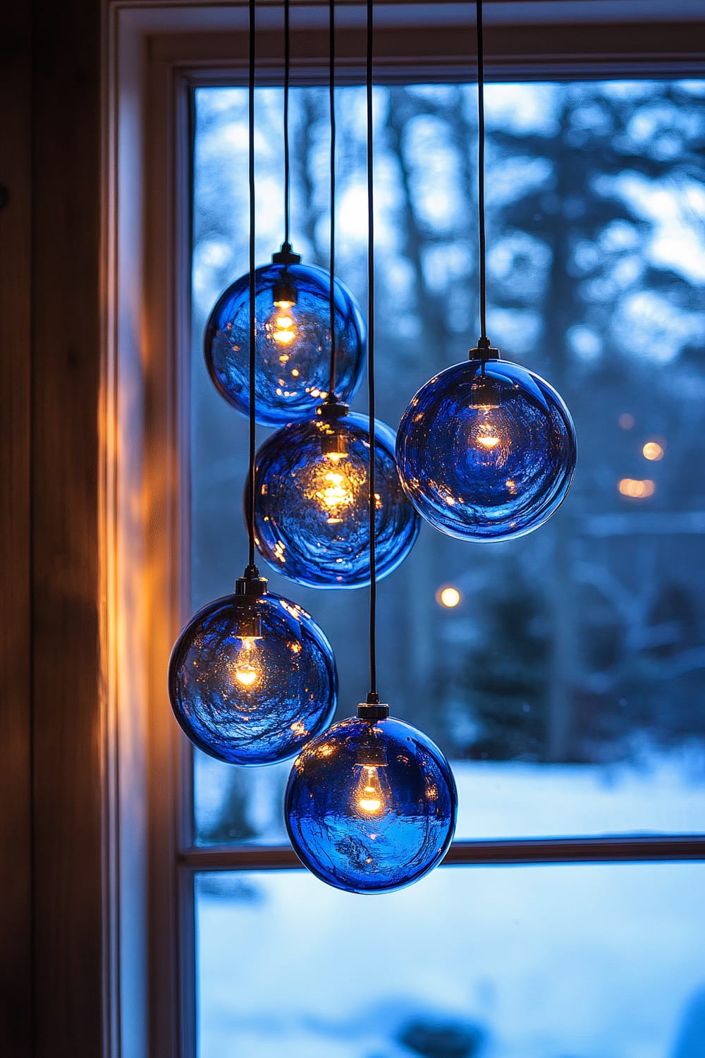 A group of five spherical, blue glass pendant lights hanging by cords in front of a window. The lights are illuminated, showcasing a warm, golden glow against the dark blue glass. In the background, there is a snow-covered landscape with trees.