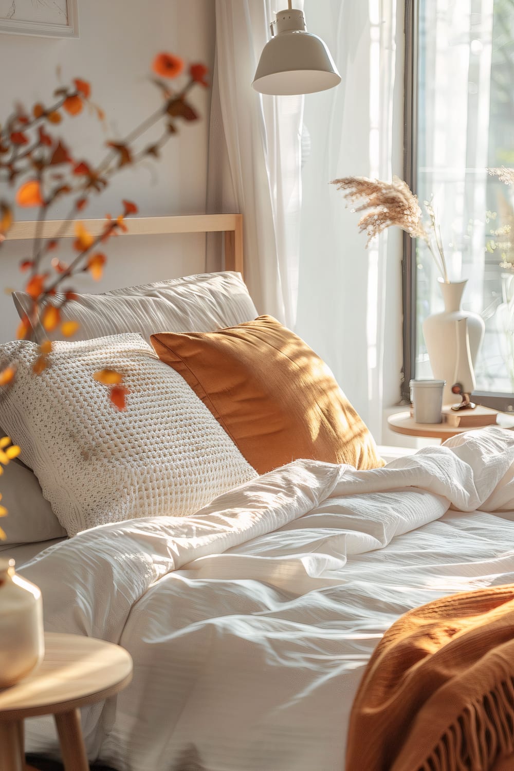 Sunlit bedroom with white and orange accents. The bed features white and orange pillows and white bedding. The room is adorned with a white lamp, sheer white curtains, a wooden side table, a vase with dried foliage, and another vase with leafy branches, creating a warm and inviting atmosphere.