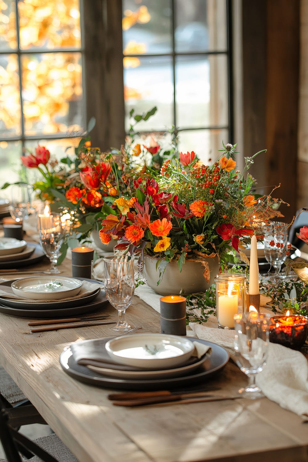 A dining table set with neutral-toned dinnerware, cloth napkins, and cutlery placed on a wooden tabletop. The centerpiece features vibrant orange, red, and yellow flowers in a rustic arrangement. Various candles, including pillar and votive candles, lend a warm glow. Large windows in the background reveal outside foliage with autumnal colors.