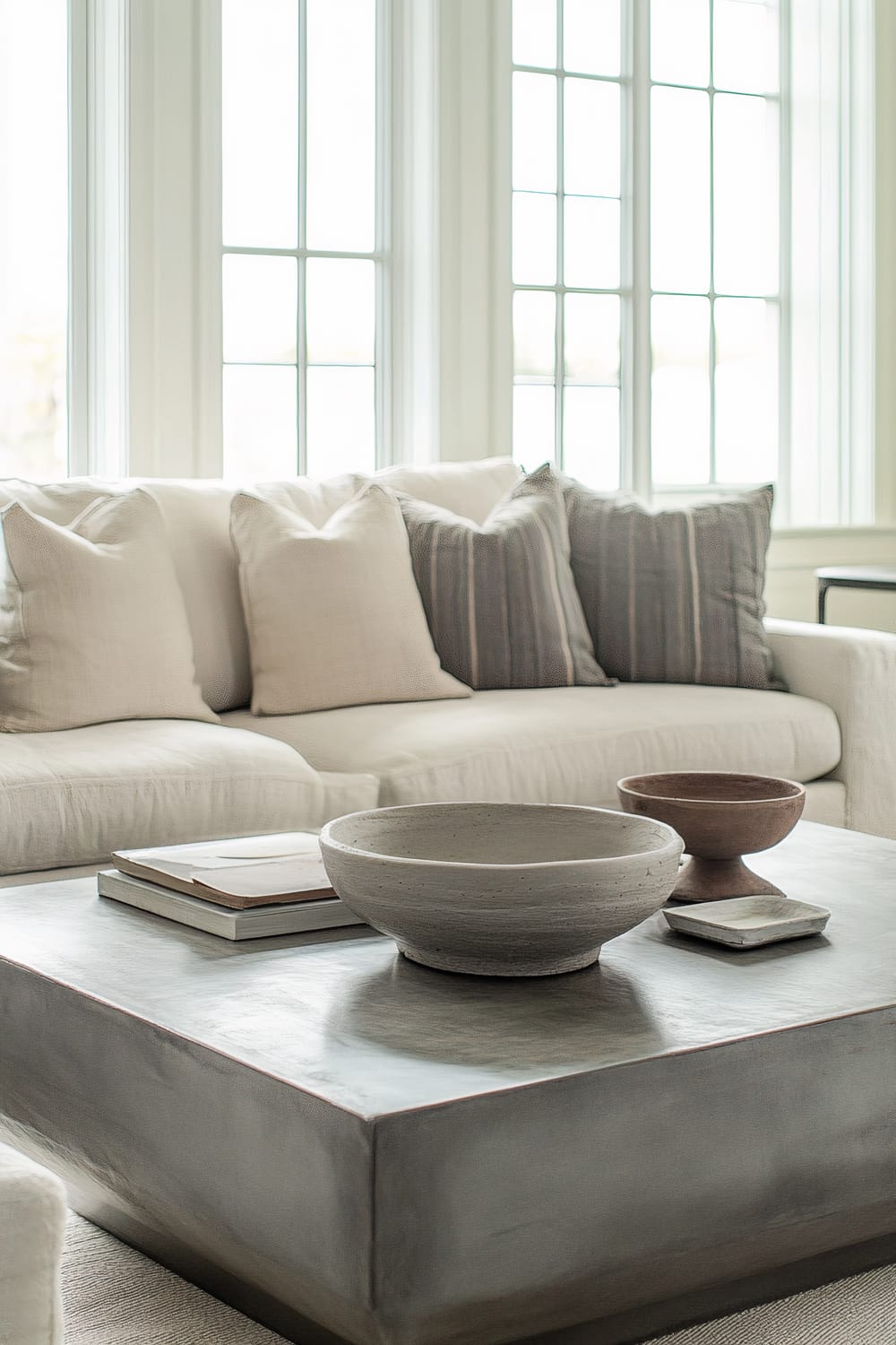 A living room in a Connecticut beach house featuring industrial elements. A sleek metal coffee table holds a stack of books and two bowls, one white and one brown. A light-colored sofa with neutral-toned pillows is against the backdrop of large windows that allow soft natural light to fill the space.