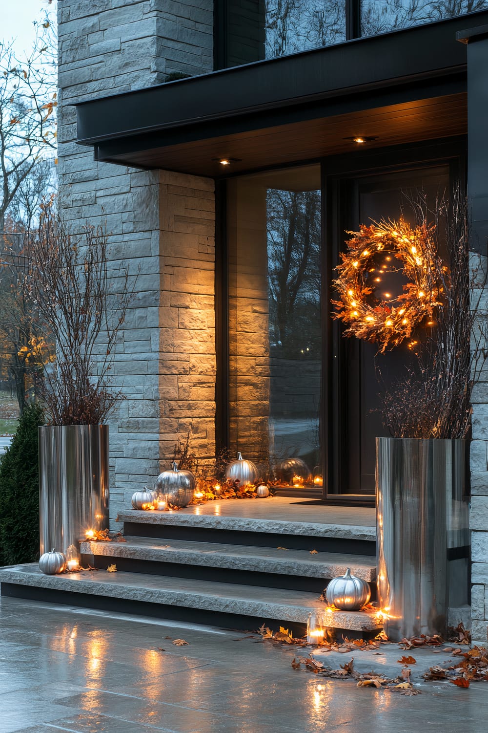 A modern entrance decorated for autumn with illuminated wreath and metallic pumpkins. The entryway consists of stone steps leading to a dark front door, a stone facade, and tall cylindrical planters with bare branches. Small lighted pumpkins are placed along the steps, reflecting off the wet ground.