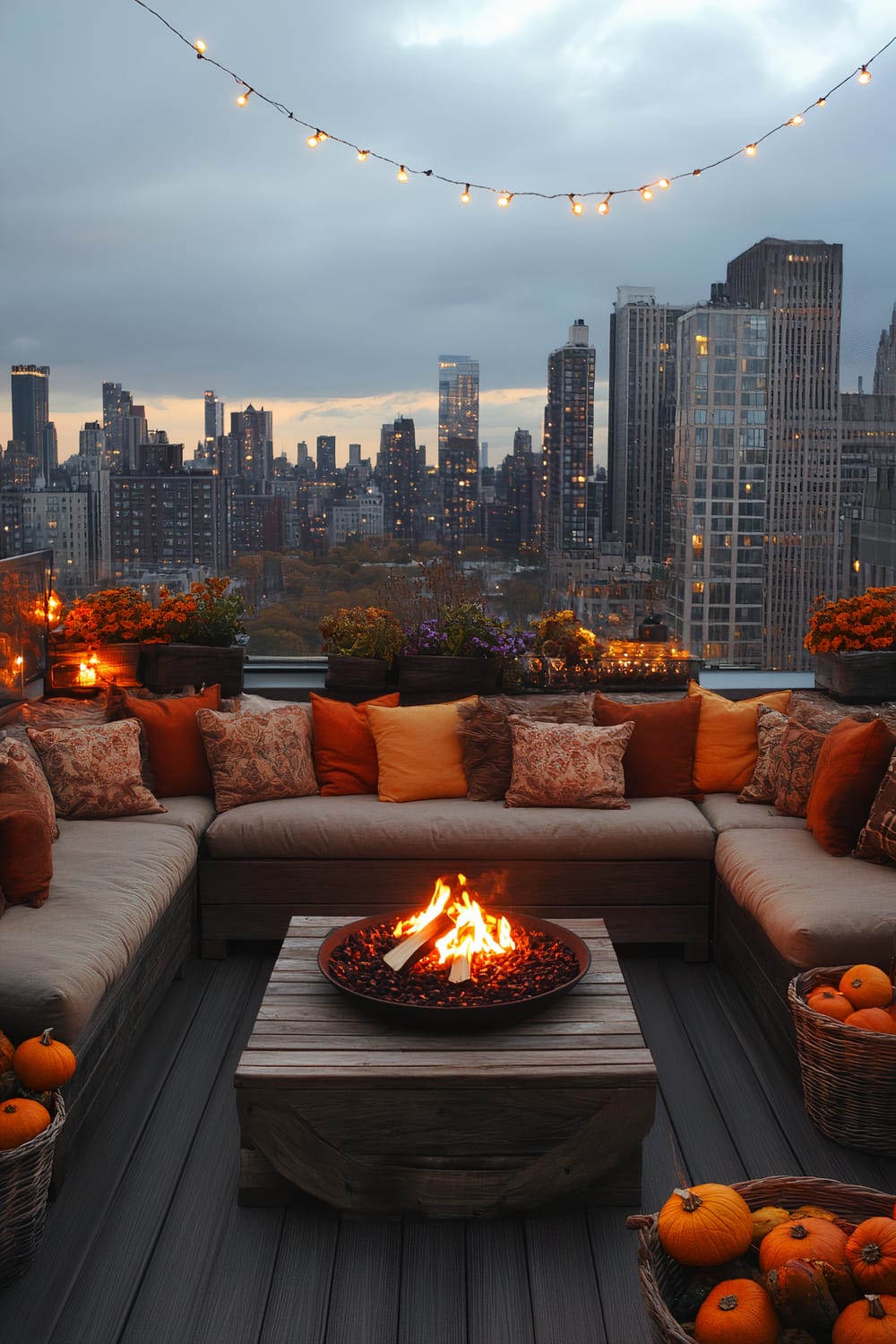 An outdoor rooftop terrace in a bustling cityscape, featuring a U-shaped beige sectional sofa adorned with a mix of orange, yellow, and patterned throw pillows. A wooden coffee table with a built-in fire pit sits in the center, creating a warm ambiance. String lights hang overhead, and the terrace is decorated with potted plants and pumpkins, enhancing the autumnal atmosphere. The background shows an expansive view of high-rise buildings under a cloudy sky.