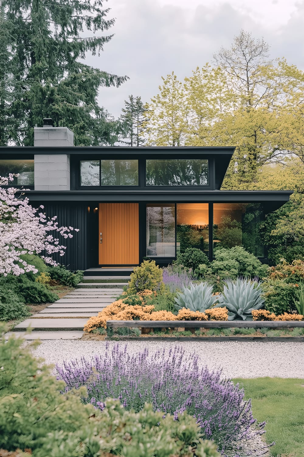 A mid-century modern home with clean architectural lines, large floor to ceiling windows and a flat roof surrounded by a minimalist garden bathed in soft spring light. The garden contains sculptural succulents, purple lavender, and ornamental grasses, creating a simple, elegant landscape. A paved stone walkway encased in soft green ivy leads to a vibrant teak wood front door. Cherry blossom petals scatter on a gravel driveway adjacent to the house.