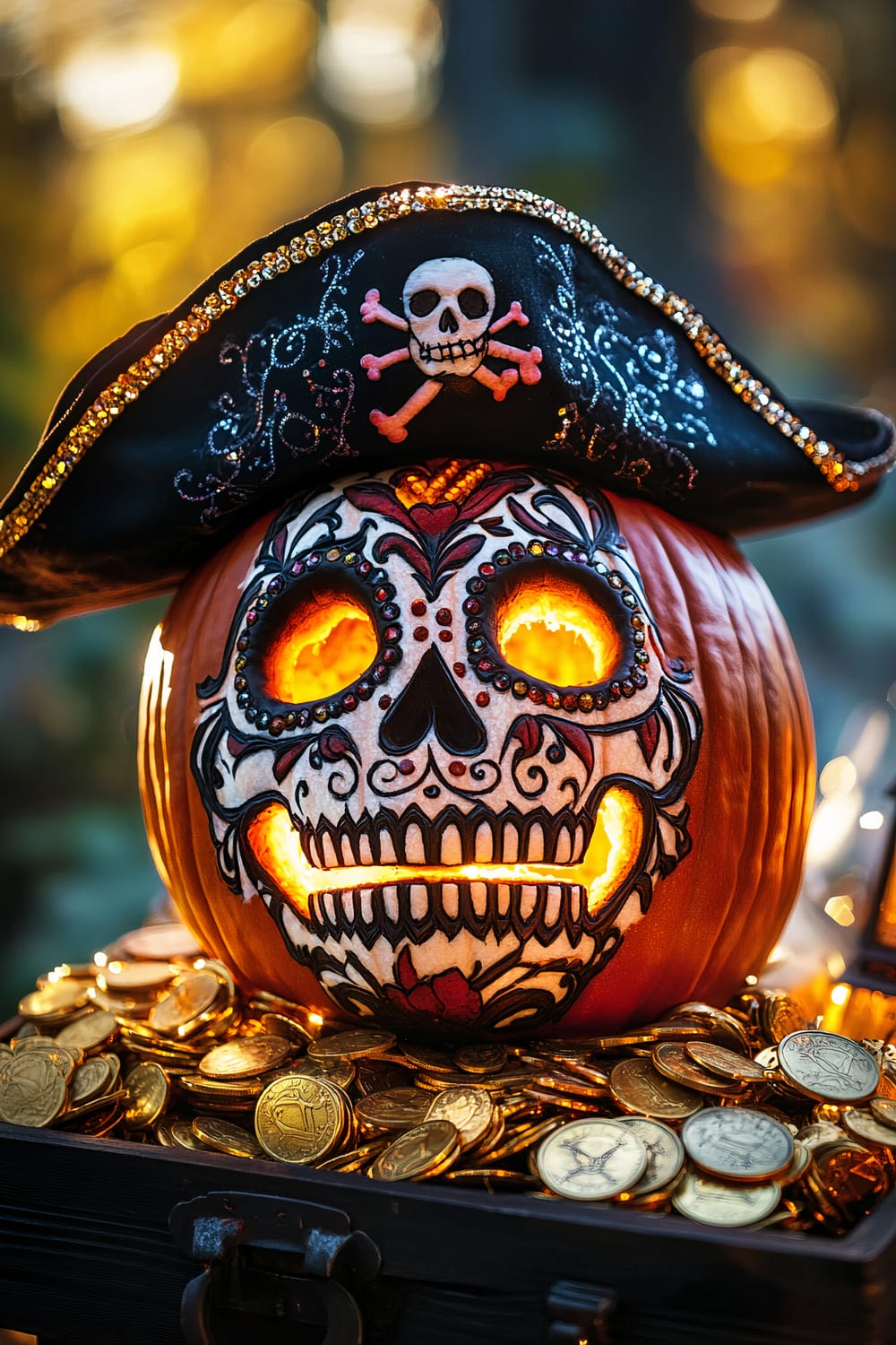 A Halloween pumpkin intricately decorated with a Day of the Dead sugar skull design. The pumpkin is illuminated from within, with glowing eyes and mouth. It wears a pirate hat adorned with a skull and crossbones design, along with sparkling embellishments. The pumpkin rests on a treasure chest filled with gold coins.