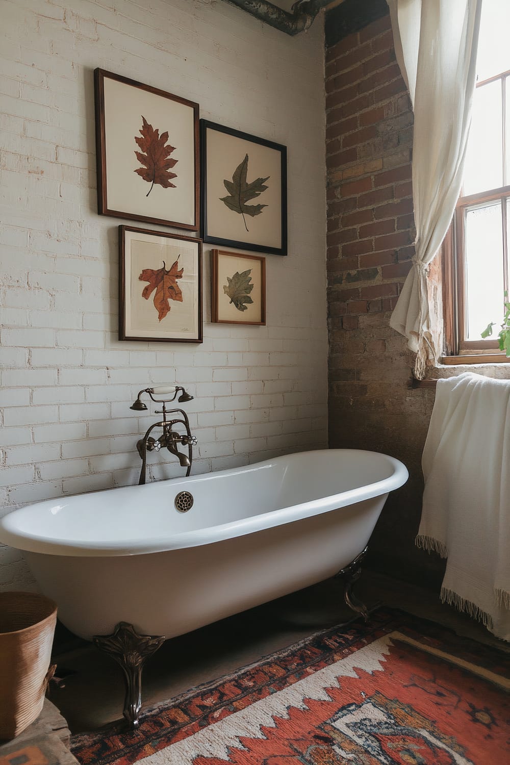 A bathroom featuring a freestanding clawfoot bathtub with a vintage bronze faucet. The walls are a mix of white-painted brick and exposed red brick. Above the bathtub, there are four framed botanical prints of autumn leaves arranged in a grid. A window to the right of the tub is draped with a light beige curtain tied back, letting in natural light. Below the bathtub, a patterned rug with red and earth tones is partially visible on the floor.