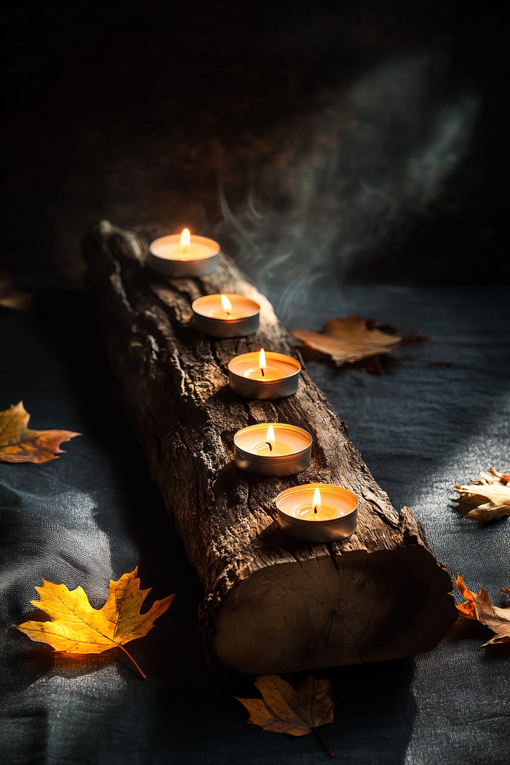 A rustic wooden log adorned with several small tealight candles, creating a warm, ambient atmosphere. The log is placed on a dark textured surface with scattered autumn leaves around it, adding to the seasonal decor. The scene is softly lit, highlighting the natural textures and enhancing the cozy mood.