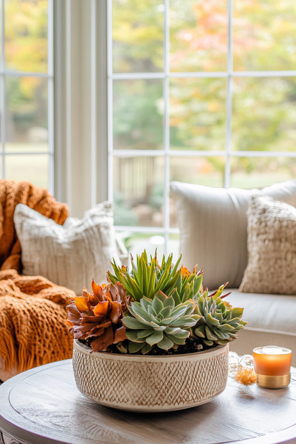 A close-up view of a living room area featuring a table with a decorative planter containing an assortment of succulents. The background shows a white couch with textured pillows and a warm, orange knit throw blanket. A large window reveals an outdoor scene with trees displaying seasonal autumn colors.