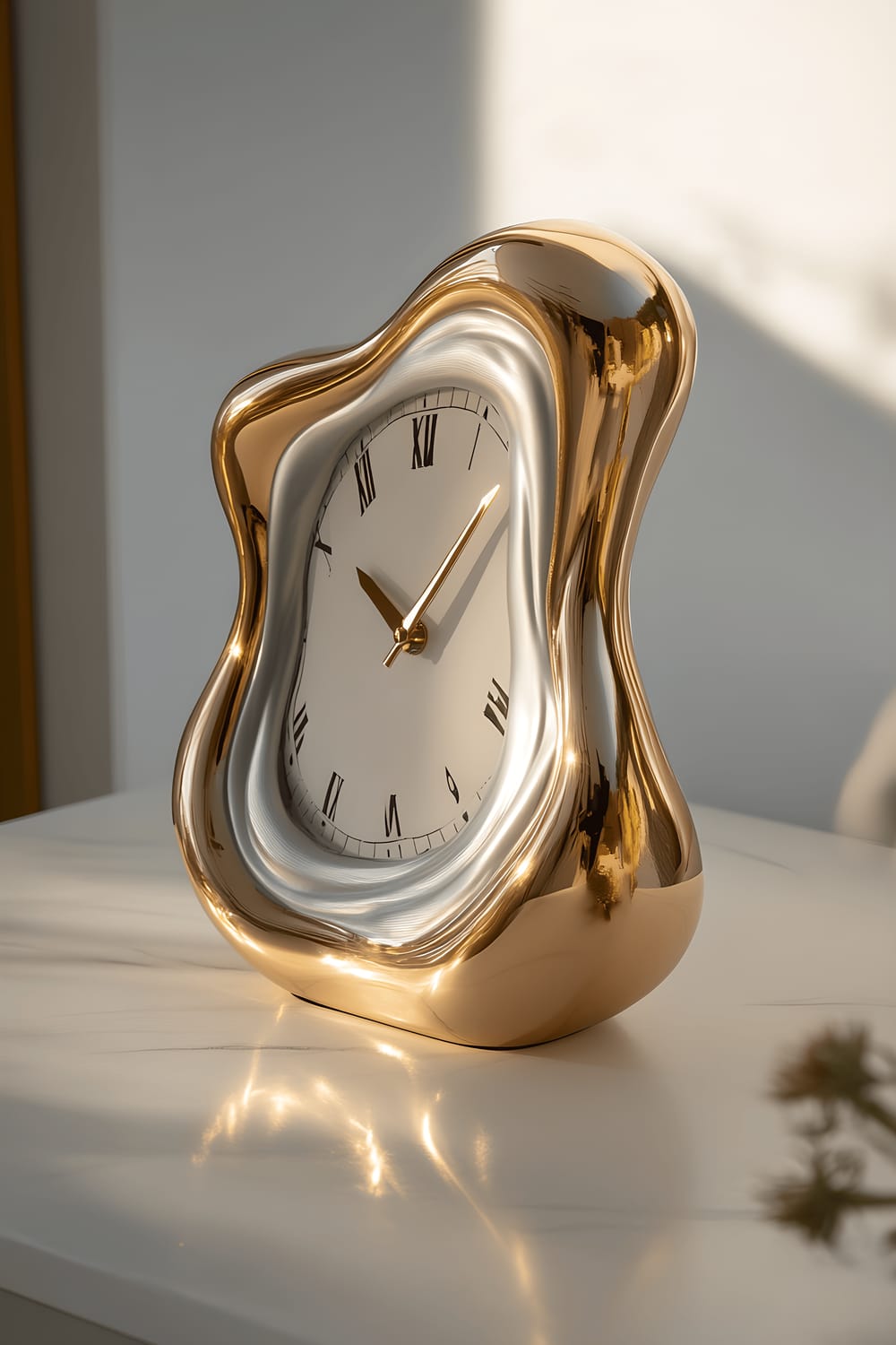 A whimsical desk clock, inspired by Salvador Dalí's surrealist art, drapes over the edge of a sleek white marble desk. The clock's design, reminiscent of a melting watch, stands out in gold and silver tones amidst a minimalistic background, softly lit by natural light from a nearby window.