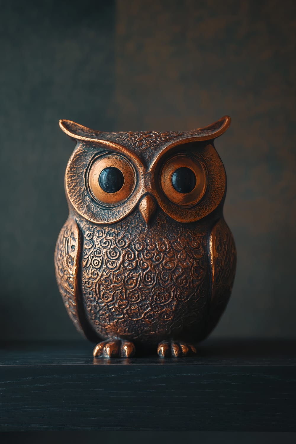 A detailed close-up of a handcrafted antique copper Greek owl figurine with intricate engravings on its feathers and large, captivating eyes. The owl has a slightly tilted head and is positioned on a dark wooden shelf against a blurred neutral background, with soft ambient lighting enhancing its warm copper tones.