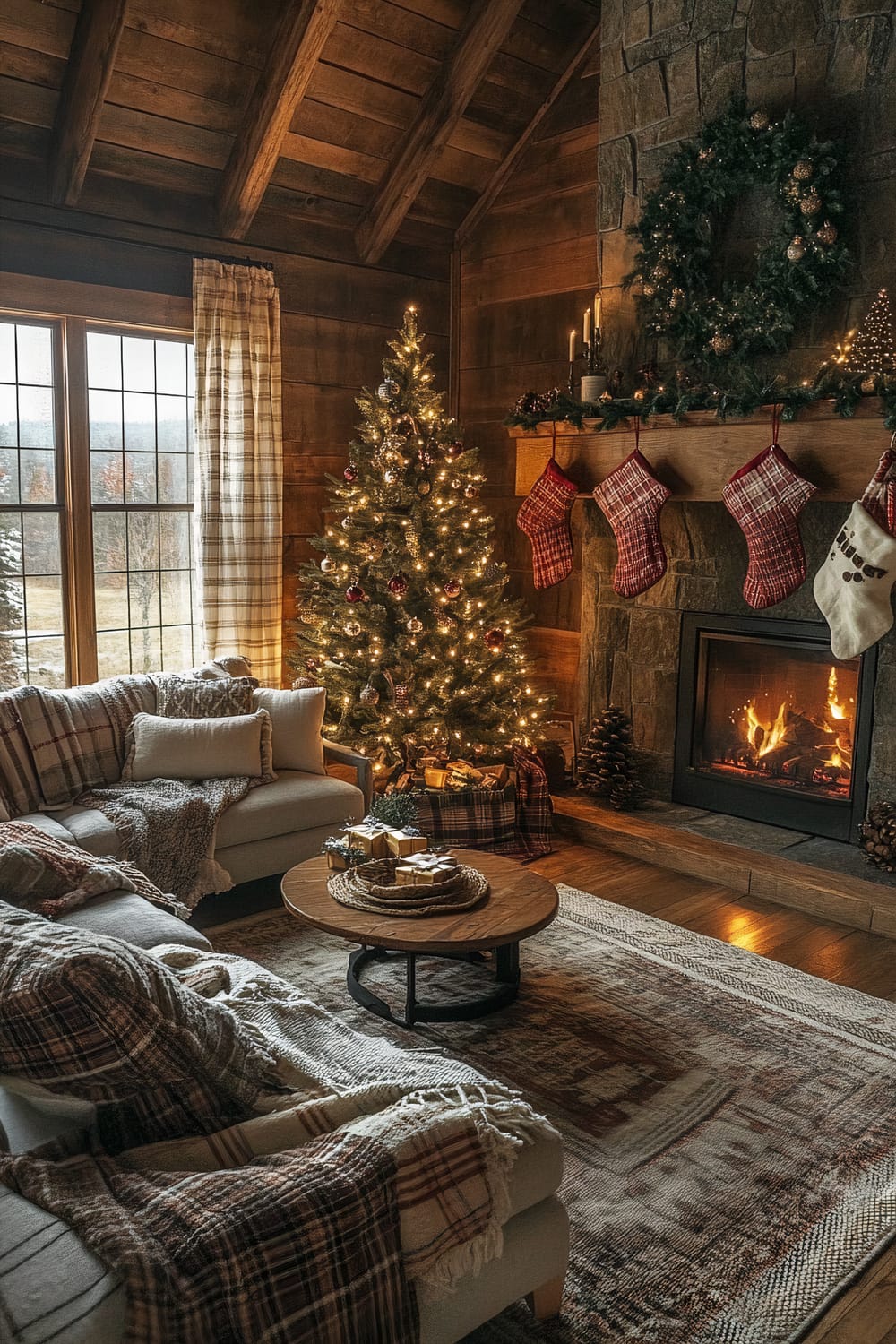 A warm and festive living room exudes holiday spirit with its rustic charm. A beautifully decorated Christmas tree, adorned with baubles and lights, stands beside a large window with white plaid curtains offering a view of a snowy landscape. Next to the tree, an inviting grey sofa is covered with various plaid blankets and pillows. In the center, a wooden coffee table holds a woven tray decorated with gifts and greenery. The stone fireplace, with a roaring fire, has a mantel adorned with a large festive wreath, candles, and garlands, as well as four Christmas stockings hanging in a row.