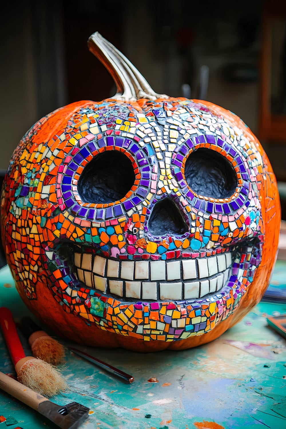 An intricately decorated pumpkin adorned with a vibrant mosaic design resembling a skull. The mosaic is composed of small, colorful tiles in shades of purple, orange, red, yellow, and blue, forming the eyes, nose, and toothy grin. The pumpkin and art supplies, including paintbrushes, are set atop a worn, paint-splattered surface.