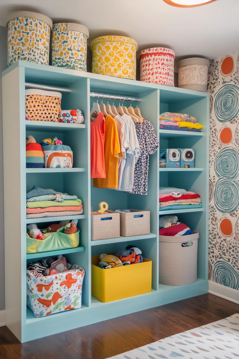 A colorful and organized child-friendly closet with open shelving and lower-hanging rods. The shelves are filled with fabric bins, baskets, and toys. Clothes hang on lightweight wooden hangers, and the back wall is covered in patterned wallpaper. A small stool or step ladder is inside to assist the child in reaching higher shelves.