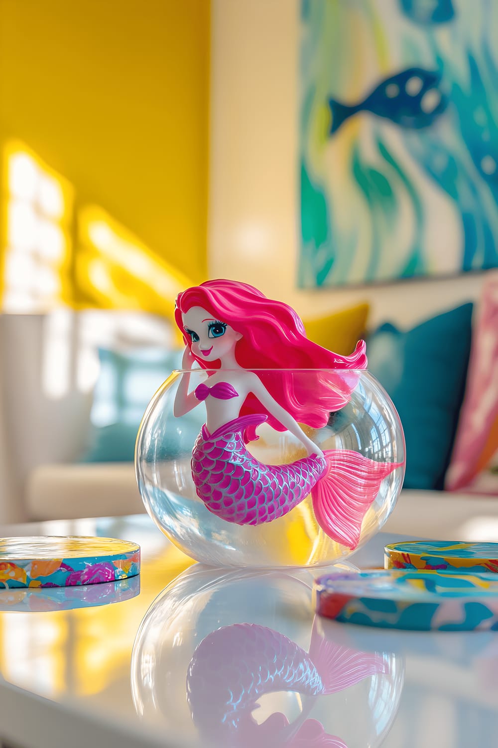 A minimalistic setting featuring a bright pink plastic mermaid figurine poised out from a clear glass fishbowl located on a simple white coffee table. The surround comprises vibrant, patterned coasters in teal and orange shades. The backdrop has a daring yellow accent wall bearing abstract artwork with blue and green shades. Sunshine illuminates the room through a large window, casting gleaming reflections on the fishbowl and highlighting the mermaid's vibrant color against the clear-cut space.