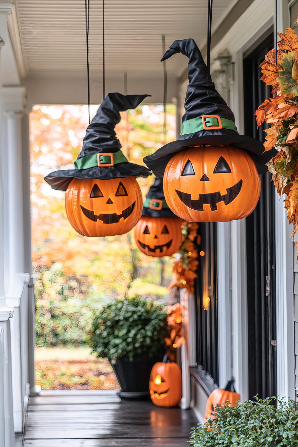 Front porch decorated for Halloween with hanging jack-o'-lanterns wearing witch hats. The porch features potted plants, pumpkins, and autumn leaves adorned around the door. The background shows a bright autumn landscape with colorful foliage.