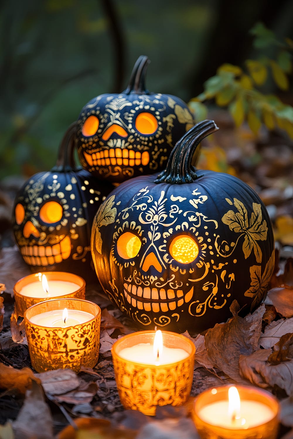 This image features three intricately designed black pumpkins with Day of the Dead motifs illuminated from within. The pumpkins are surrounded by golden candle holders with lit candles, lying amidst fallen autumn leaves.