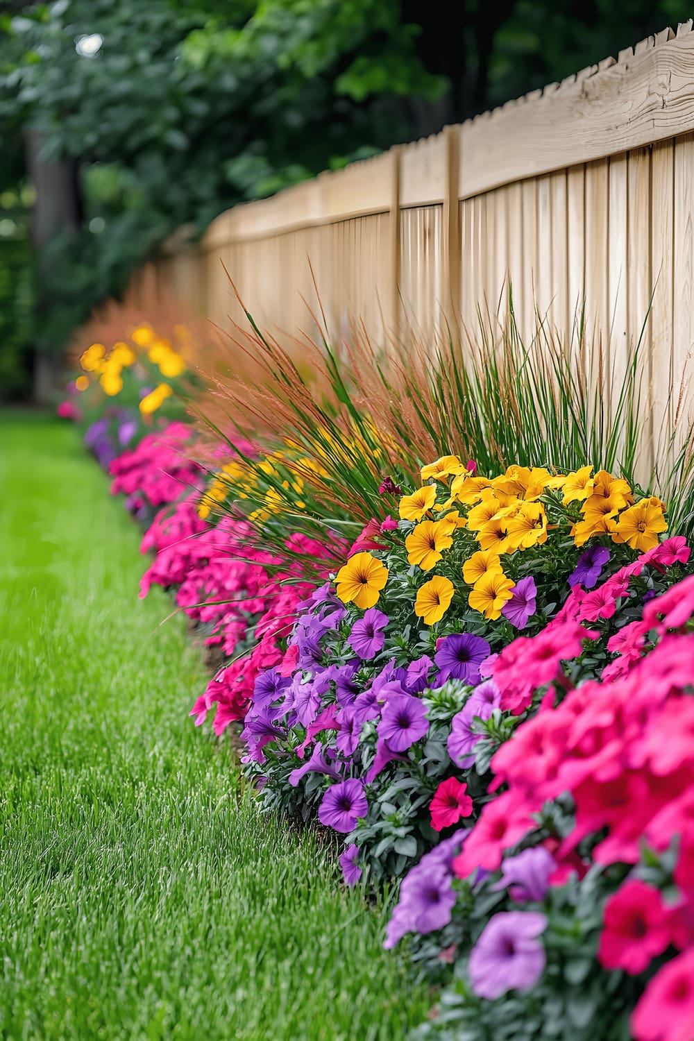 A simple but vibrant garden scene displaying mix of colorful flowers such as pink petunias, yellow marigolds, purple phlox, and red ornamental grasses flourishing along the vertical length of a rustic, wooden fence. The garden is bordered by a well-maintained lush green lawn under the vibrant glow of natural daylight.