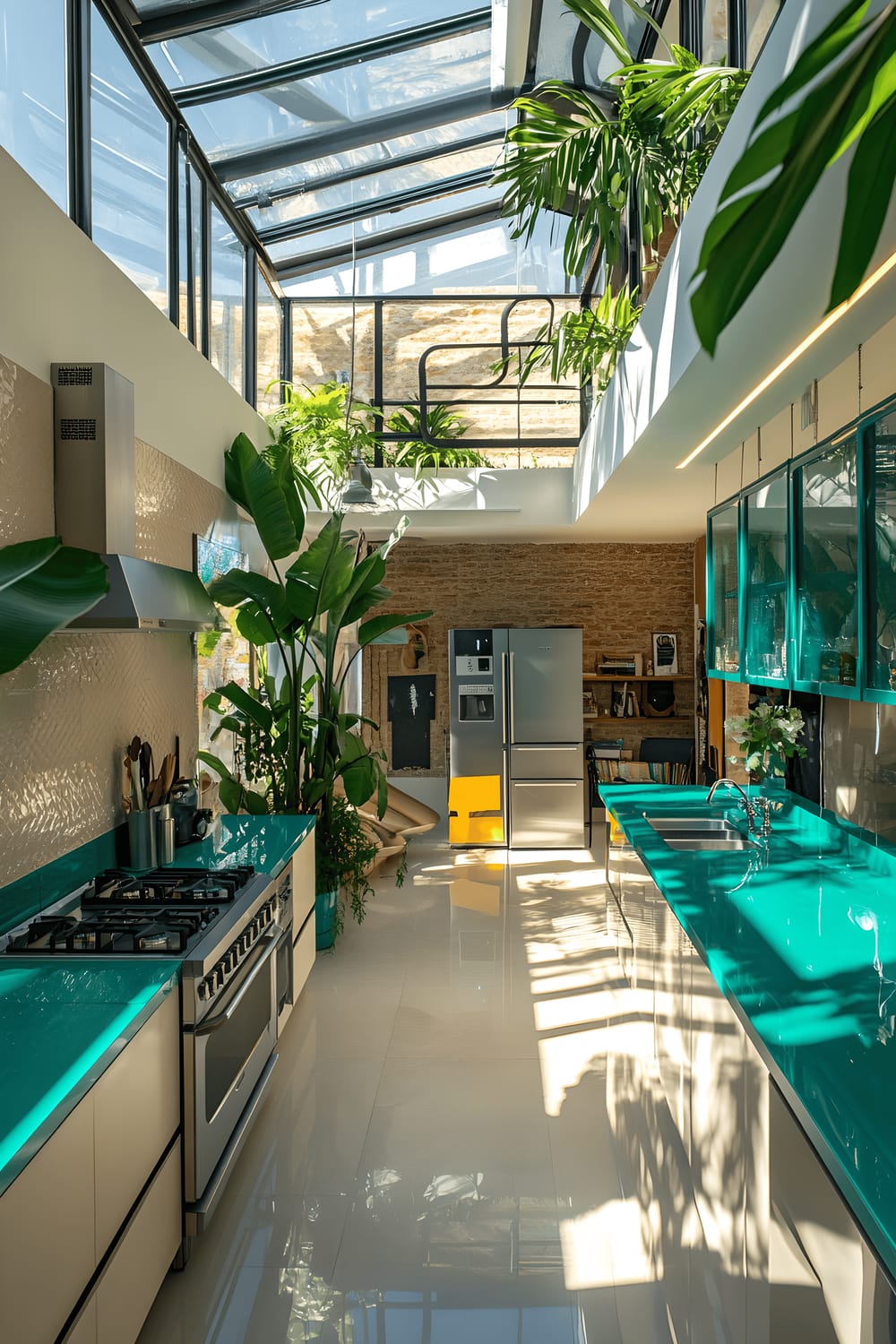 An overhead view of an open-concept kitchen integrated within a yoga studio, featuring bright turquoise countertops, modern stainless steel appliances, variety of lush green plants, and large skylights that illuminate the space and its asymmetrical shadows.