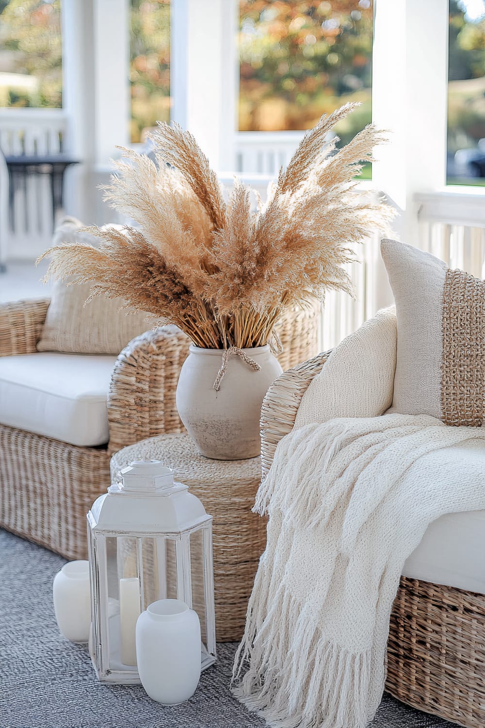 A serene outdoor seating area featuring wicker furniture, adorned with white cushions and textured throw blankets. A round wicker table holds a rustic, clay vase filled with dried pampas grass. The setting is further embellished with a white, lantern-style candle holder and two small decorative white vases. The background shows an open, airy porch with white railings and a hint of autumn foliage outside.