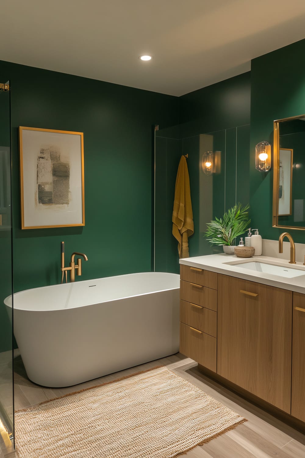 A modern bathroom with dark green walls features a freestanding white bathtub with gold fixtures. Above the bathtub is an abstract framed art piece with a gold frame. A wooden vanity with a white countertop and gold fixtures is adjacent to the bathtub. A mustard yellow towel hangs on the wall, and a small potted plant decorates the vanity. The floor has light wood plank tiles, and a woven rug is placed in front of the bathtub.