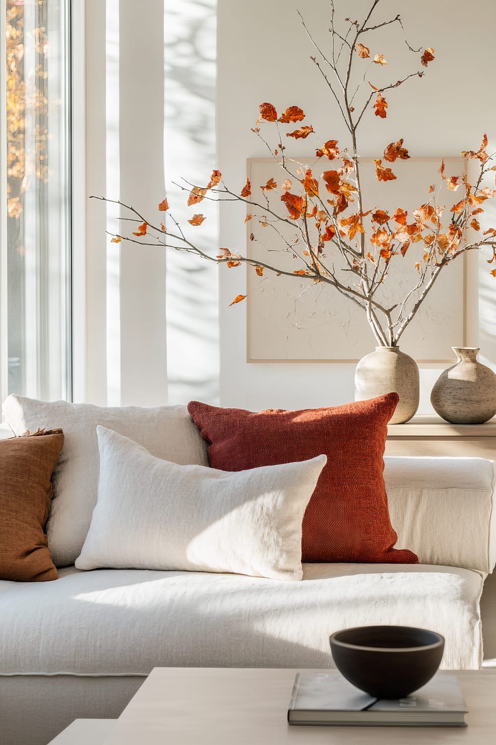 A bright and serene living room features a white fabric sofa adorned with pillows in varied shades of white, terra cotta, and burnt orange. Behind the sofa stands a wooden console table, decorated with two gray vases and a taller beige vase containing an arrangement of branches with orange autumn leaves. The background includes minimalist wall art in cream tones. A small wooden table in the foreground holds a dark ceramic bowl and a closed book. Natural light streams in from a large window on the left, casting soft shadows across the space.