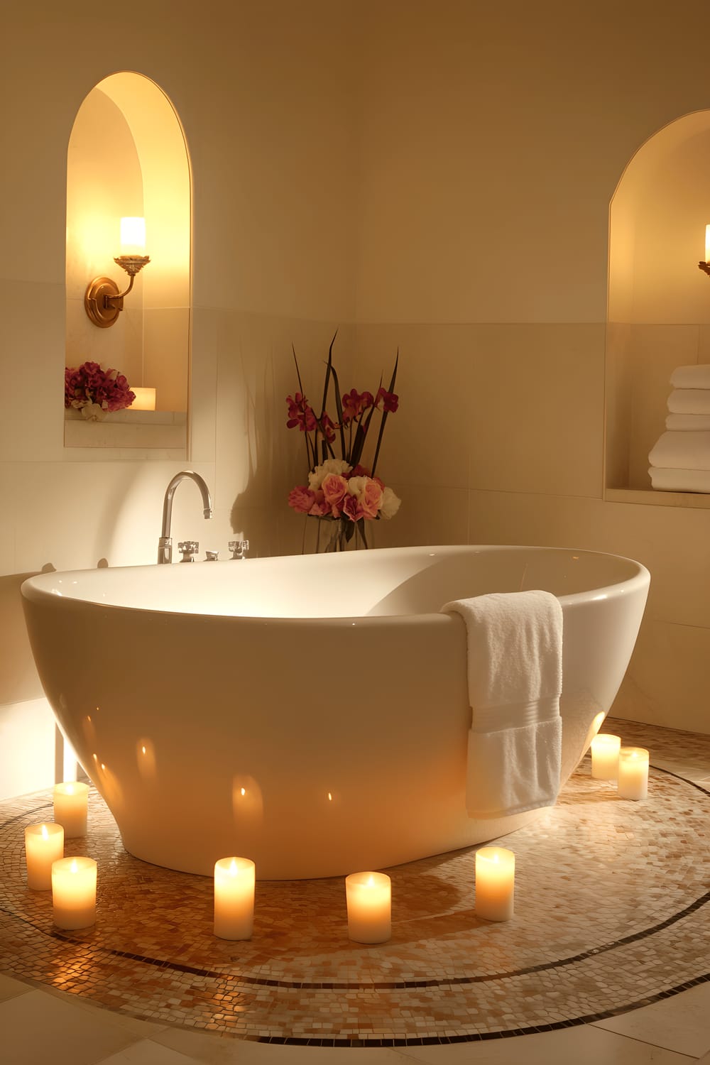 A luxurious bathroom featuring a freestanding white porcelain bathtub in the center surrounded by numerous white and pink aromatic candles arranged circularly on a decorative mosaic tile floor. Marble countertops with white plush towels neatly folded on a nearby shelf and soft floral arrangements enhance the aesthetic. The scene is illuminated with a soft amber glow from wall-mounted sconces and the candles, creating a serene and romantic atmosphere.