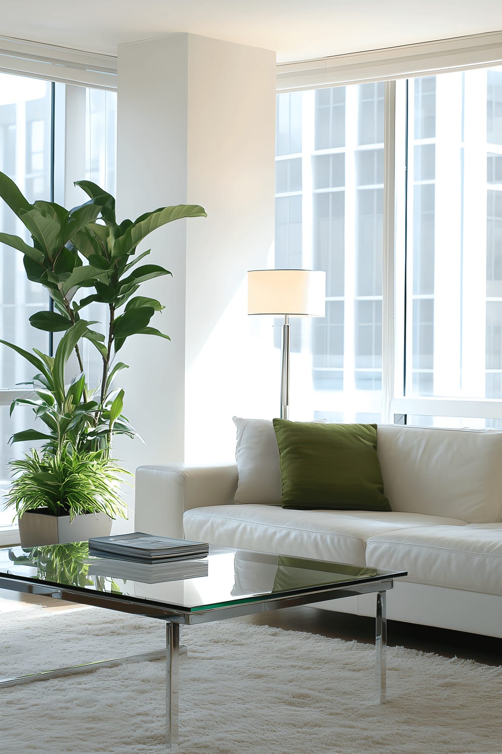 A modern minimalist living room in a diagonal angle view. The room features a sleek white sofa, a glass coffee table with a metal base, and vibrant green potted plants. There are multiple light sources, including large windows and floor lamps, that illuminate the room and highlight the fresh color palette.