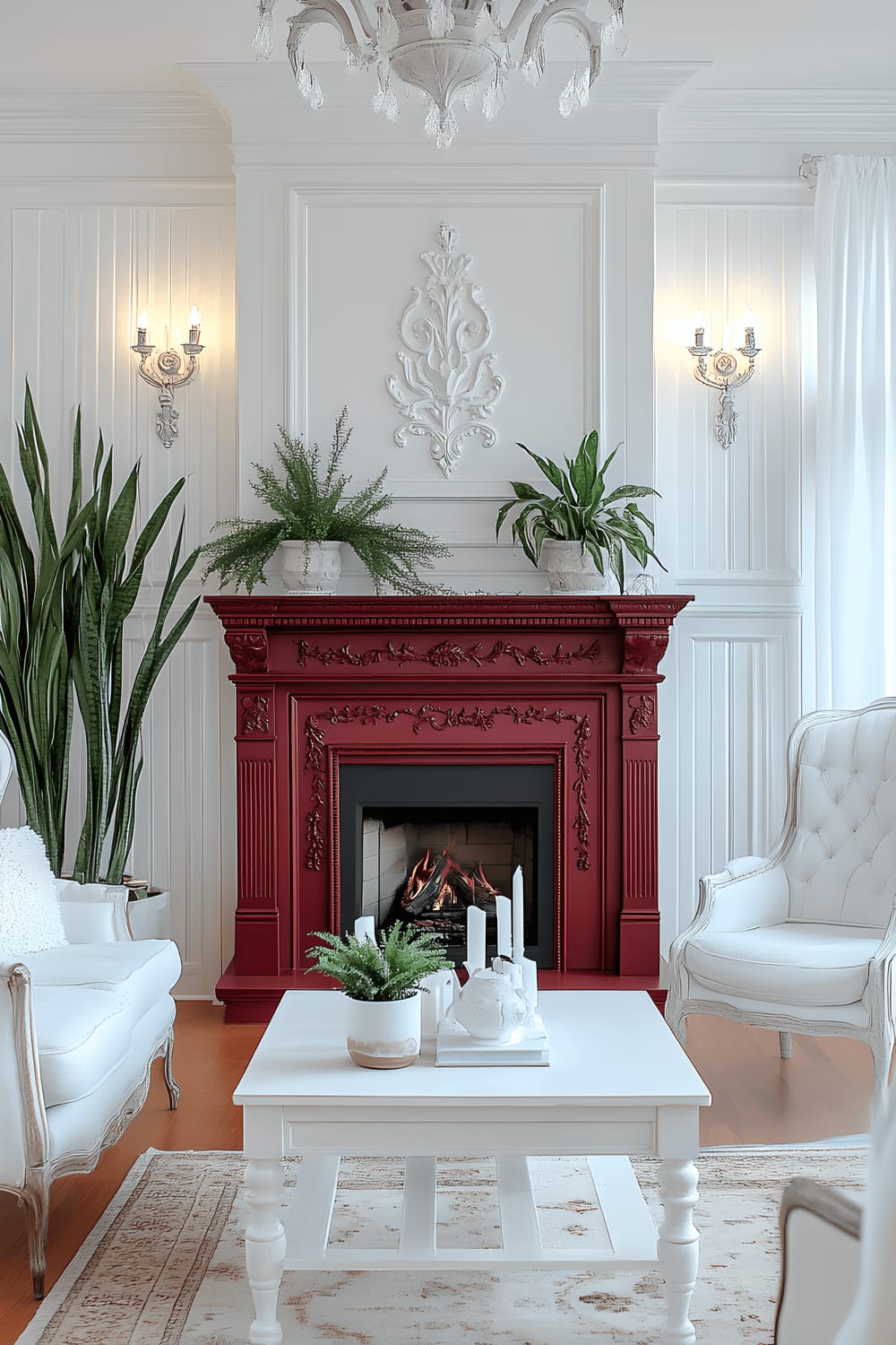 A traditional living room characterized by classic white furniture, including two upholstered armchairs and a wooden coffee table, as well as ornate drapery. The focus of the room is a dramatic ruby red fireplace mantel with decorative accents. A tall snake plant in a white pot adds a touch of green to the otherwise monochrome scene. Dual light sources from chandeliers and wall sconces further emphasize the ruby red fireplace mantle, creating an elegant highlight.