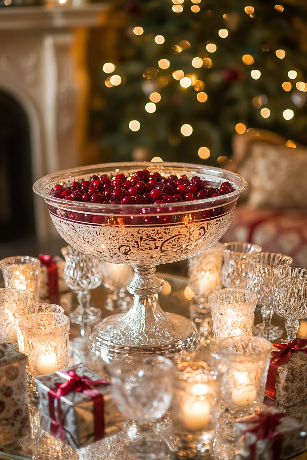 A lavishly decorated table for a festive occasion, featuring a large, ornate glass punch bowl filled with cranberries. The table is adorned with multiple flickering candles in textured glass holders and small wrapped gifts with red ribbons. In the background, a decorated Christmas tree with glowing lights is partially visible.