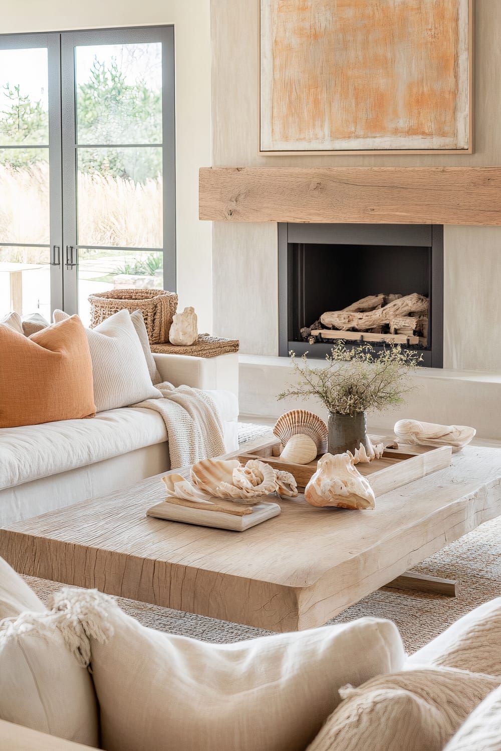 The image depicts a bright and airy living room featuring a natural wooden coffee table adorned with seashells, a driftwood centerpiece, and a small potted plant. The room is framed by a beige sofa with white and orange accent pillows, a woven basket stool, and a light beige throw. A black and wooden fireplace is the focal point, crowned with an abstract orange and beige painting. Large glass doors offer a view of an outdoor garden, allowing natural light to flood the space.