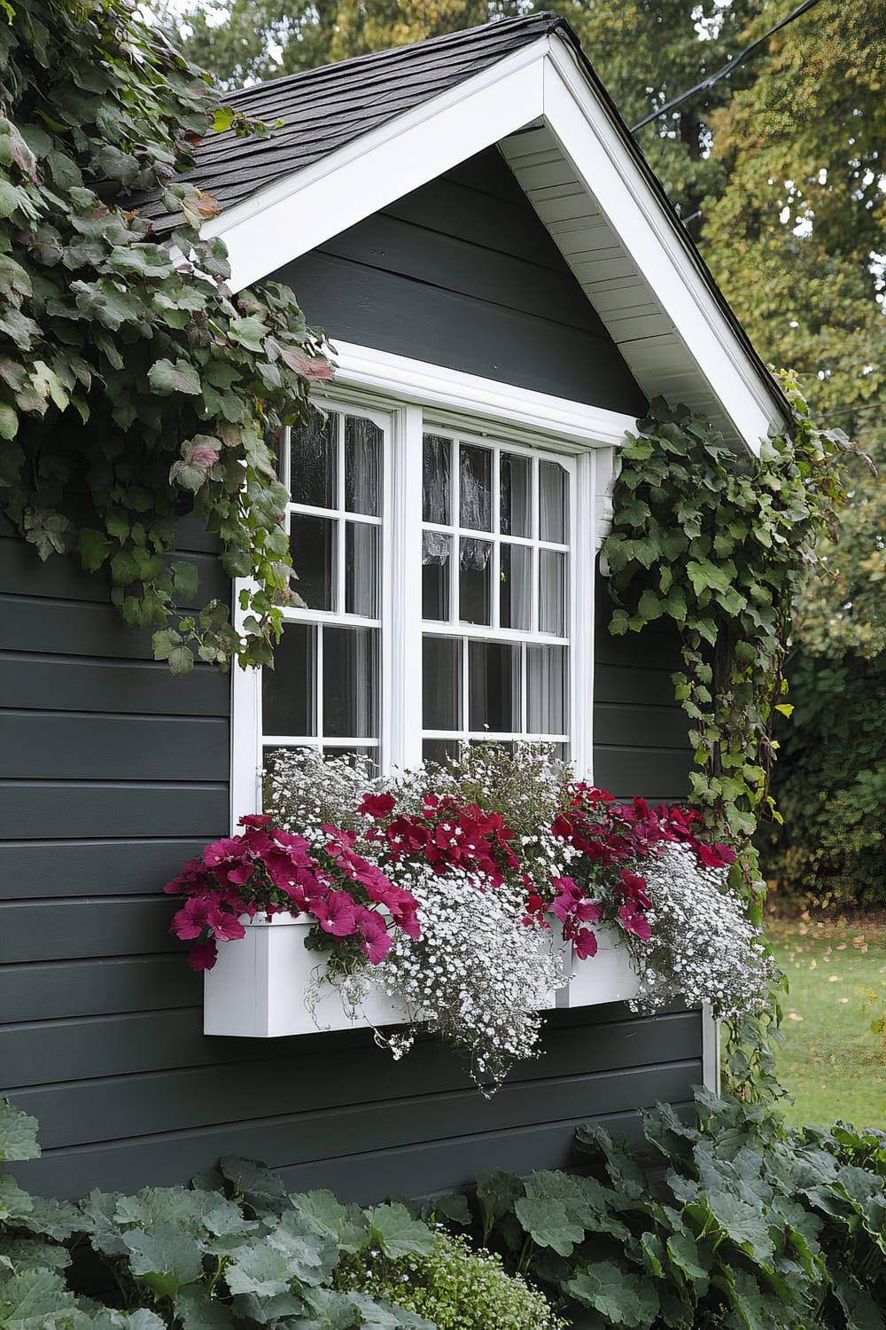 A close-up exterior view of a house window with white frames. Below the window is a flower box containing vibrant red and white flowers. Green ivy grows up the side of the dark green house towards the roof, and additional leafy plants surround the base of the house.