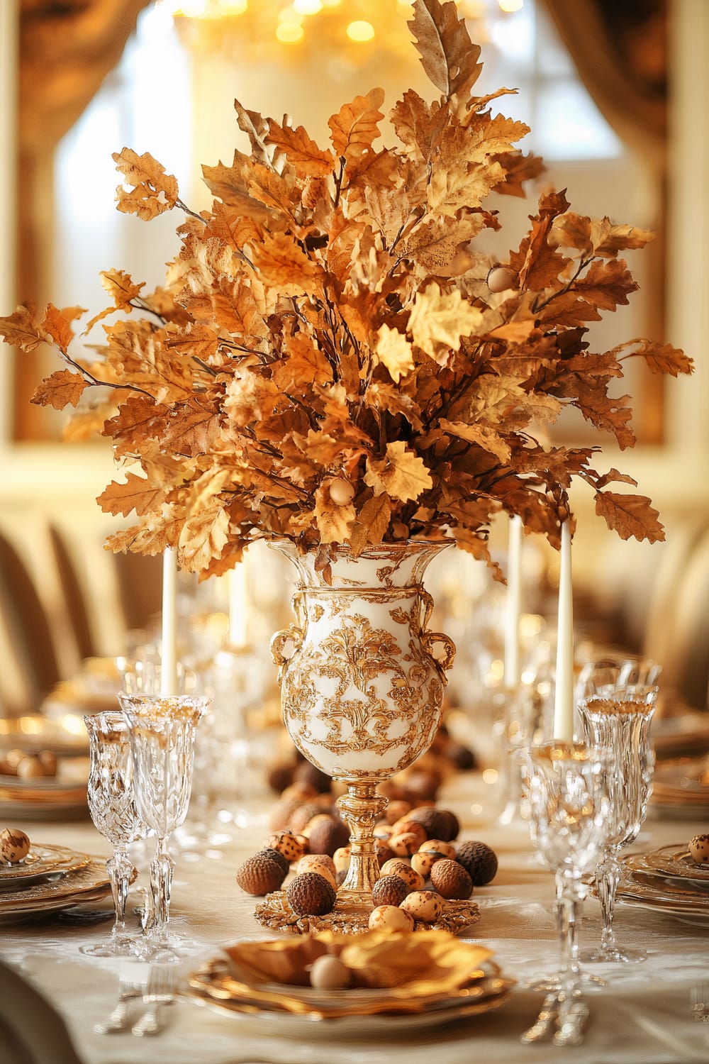 An elegant table setting features a centerpiece of a lavish vase filled with golden autumn leaves. The vase is intricately decorated with golden patterns. Surrounding the centerpiece, the table is adorned with crystal glassware, gold-rimmed plates, and an array of decorative nuts and foliage, creating a sophisticated and seasonal ambiance.