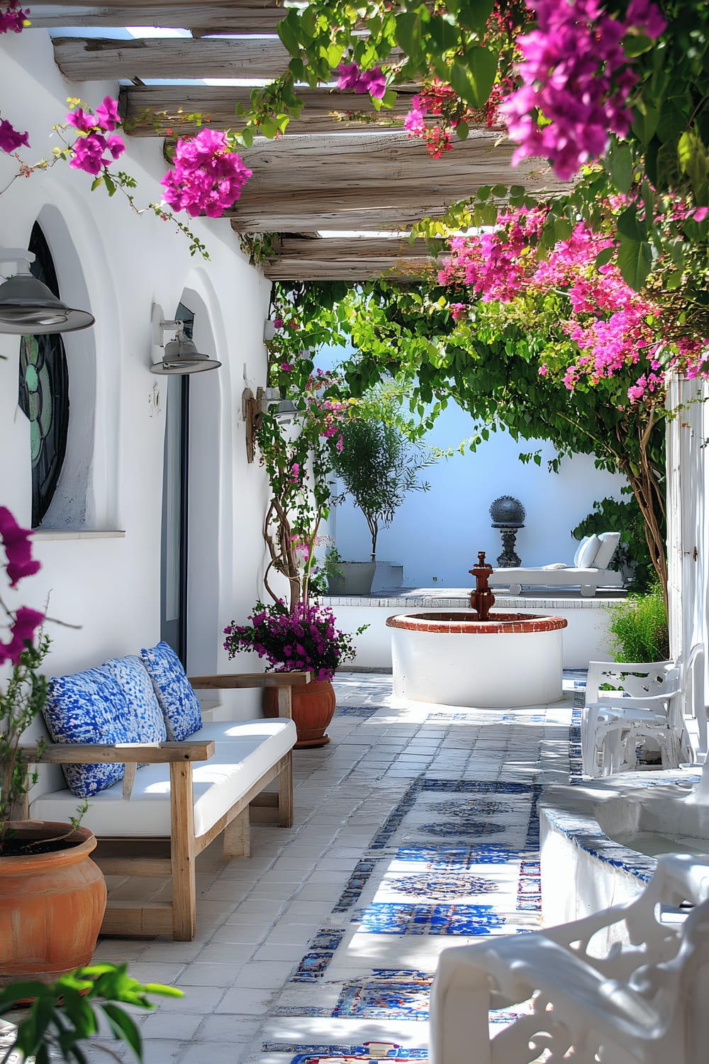 A sunlit patio inspired by Mediterranean coastal styles, showcasing whitewashed wooden furniture accented with cobalt blue cushions. Olive trees and bright bougainvillea flowers are set in pots placed strategically around the patio, while a decorative fountain sits as a focal point among mosaic-tiled pathways. A cool pallet of crisp white and blue dominate the scene.