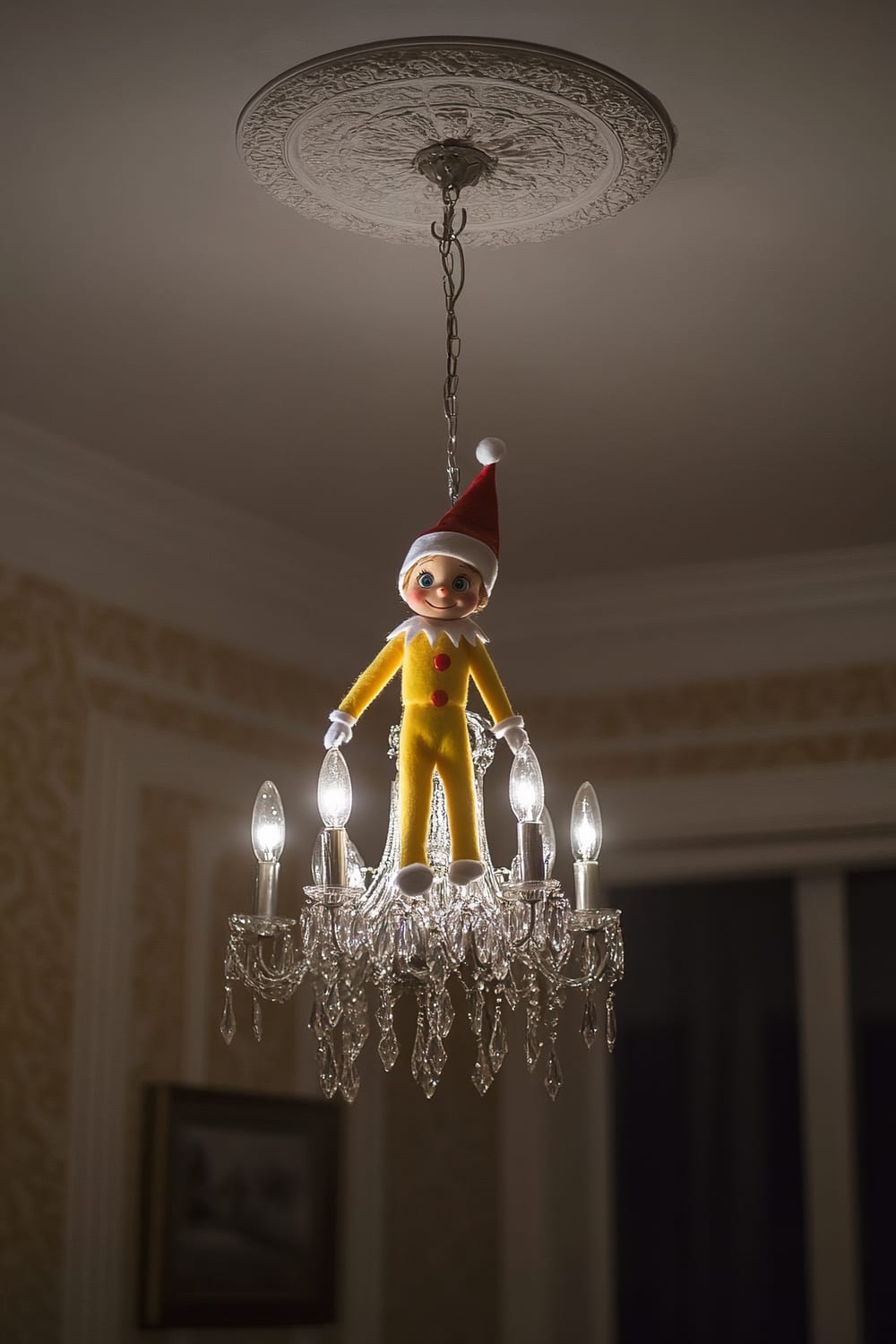 An Elf on the Shelf dressed in a yellow outfit and red hat, hanging from a simple white chandelier with crystal elements. The scene is highlighted by dramatic spotlighting, and the chandelier is suspended from an ornate ceiling medallion in an elegant interior setting.