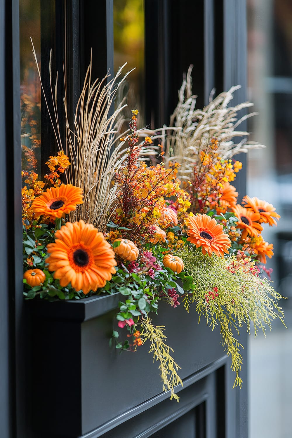 A vivid window box display brimming with vibrant orange flowers, small decorative pumpkins, and an array of greenery stands against a dark, sleek window frame. The arrangement includes large orange gerbera daisies, bright sprigs of yellow-orange flowers, wispy beige grasses, and trailing green vines, creating a striking contrast with the dark, reflective glass. The composition exudes an autumnal theme, capturing the essence of fall with its bold use of seasonal elements and colors.